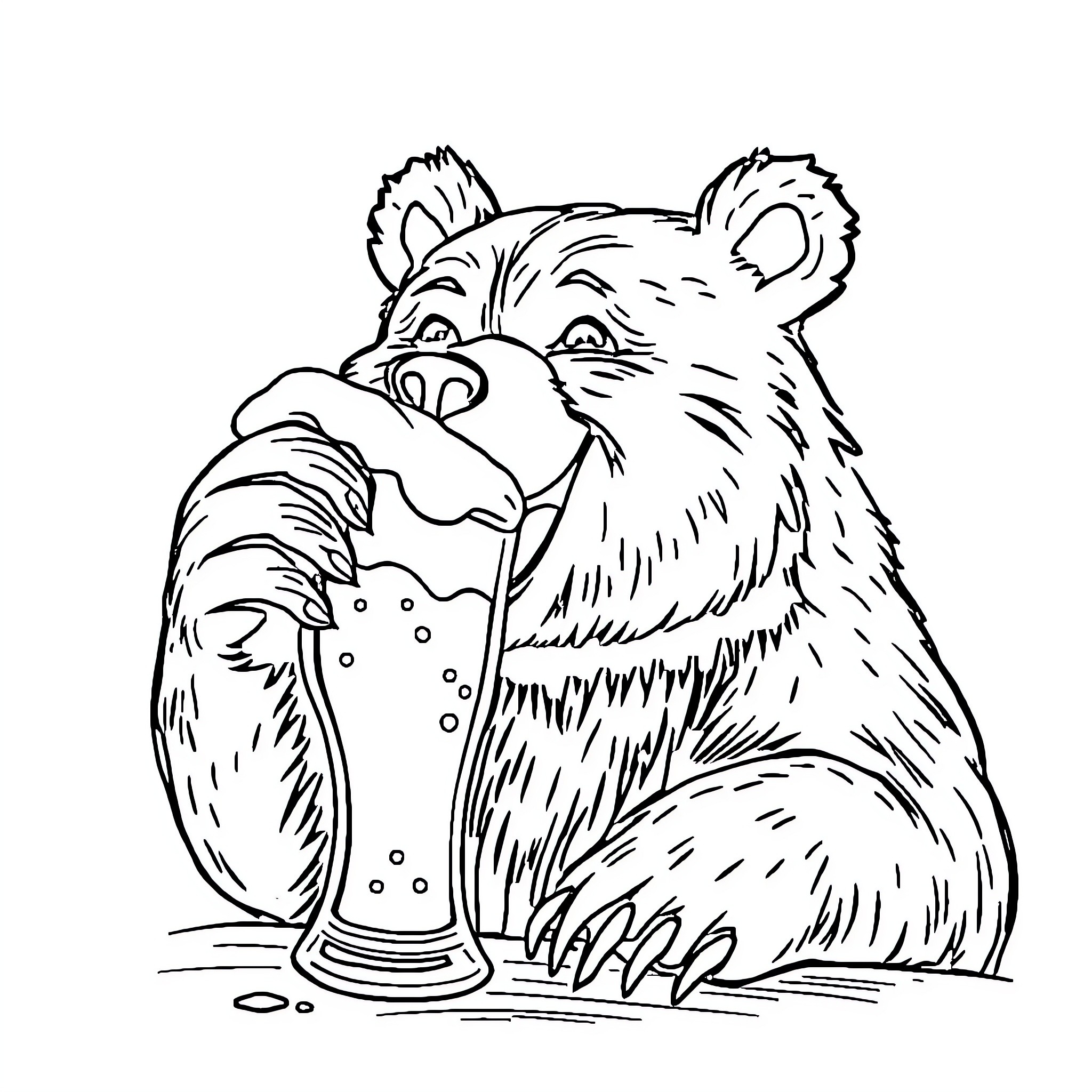 Bear enjoying a refreshing drink Coloring Page (free black-and-white line drawing printable PDF for all, from beginners to advanced learners, including children, teens, adults, and seniors)