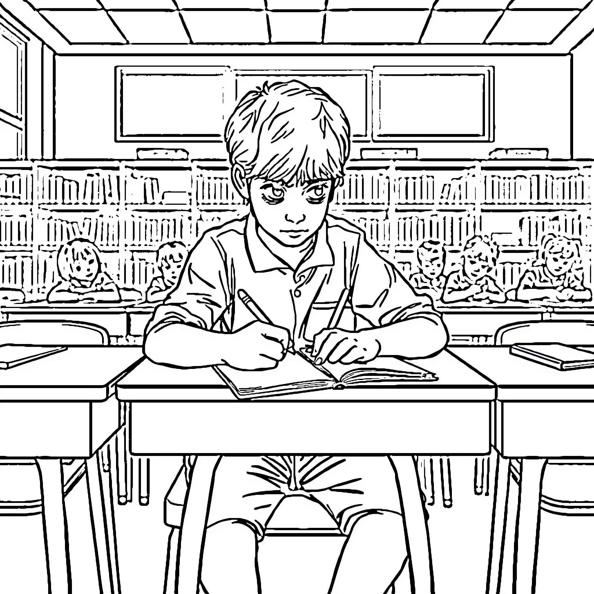 Student studying diligently in the classroom Coloring Page (free black-and-white line drawing printable PDF for all, from beginners to advanced learners, including children, teens, adults, and seniors)