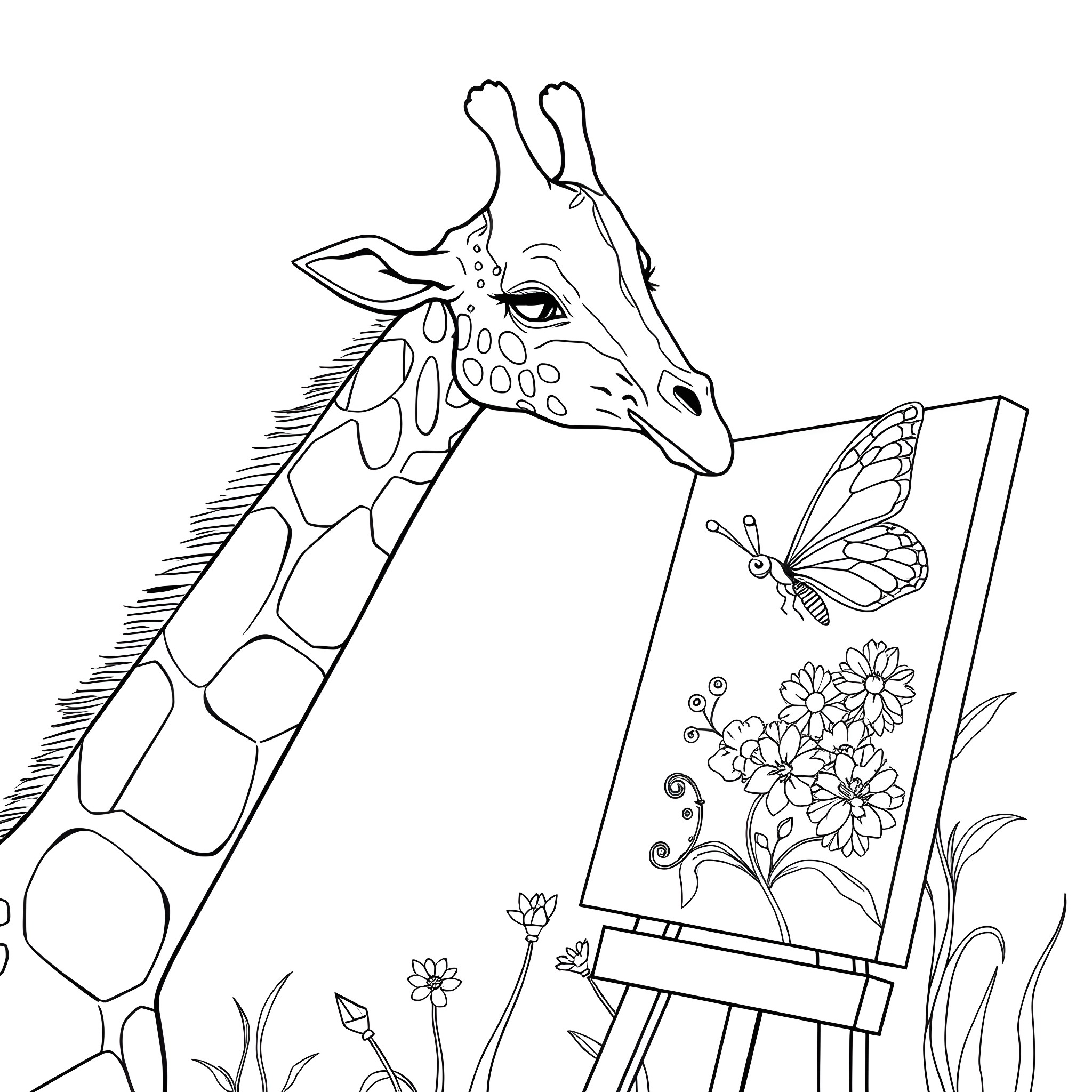 Giraffe painting on an easel with butterflies Coloring Page (free black-and-white line drawing printable PDF for all, from beginners to advanced learners, including children, teens, adults, and seniors)