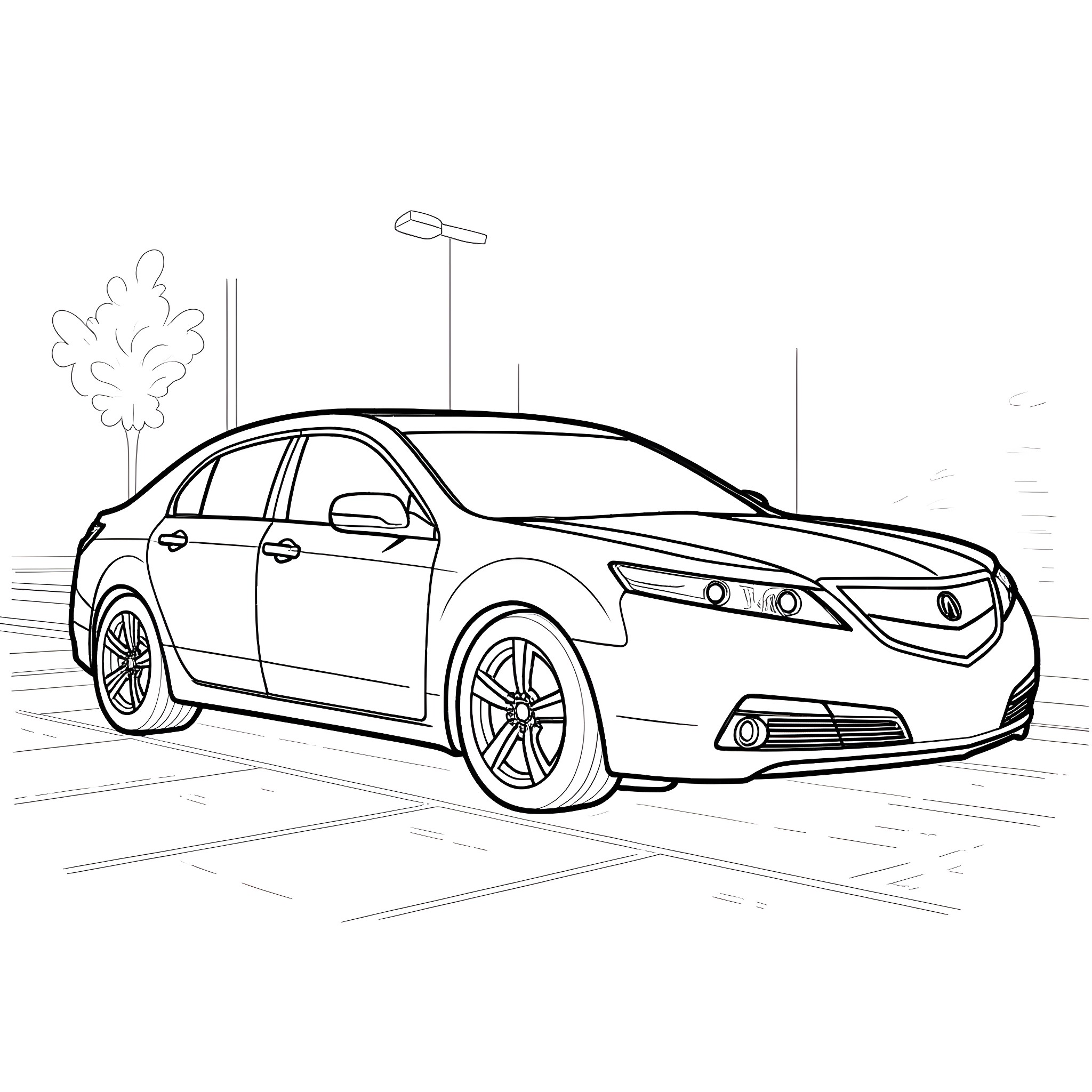 TL Car parked on street Coloring Page (free black-and-white line drawing printable PDF for all, from beginners to advanced learners, including children, teens, adults, and seniors)
