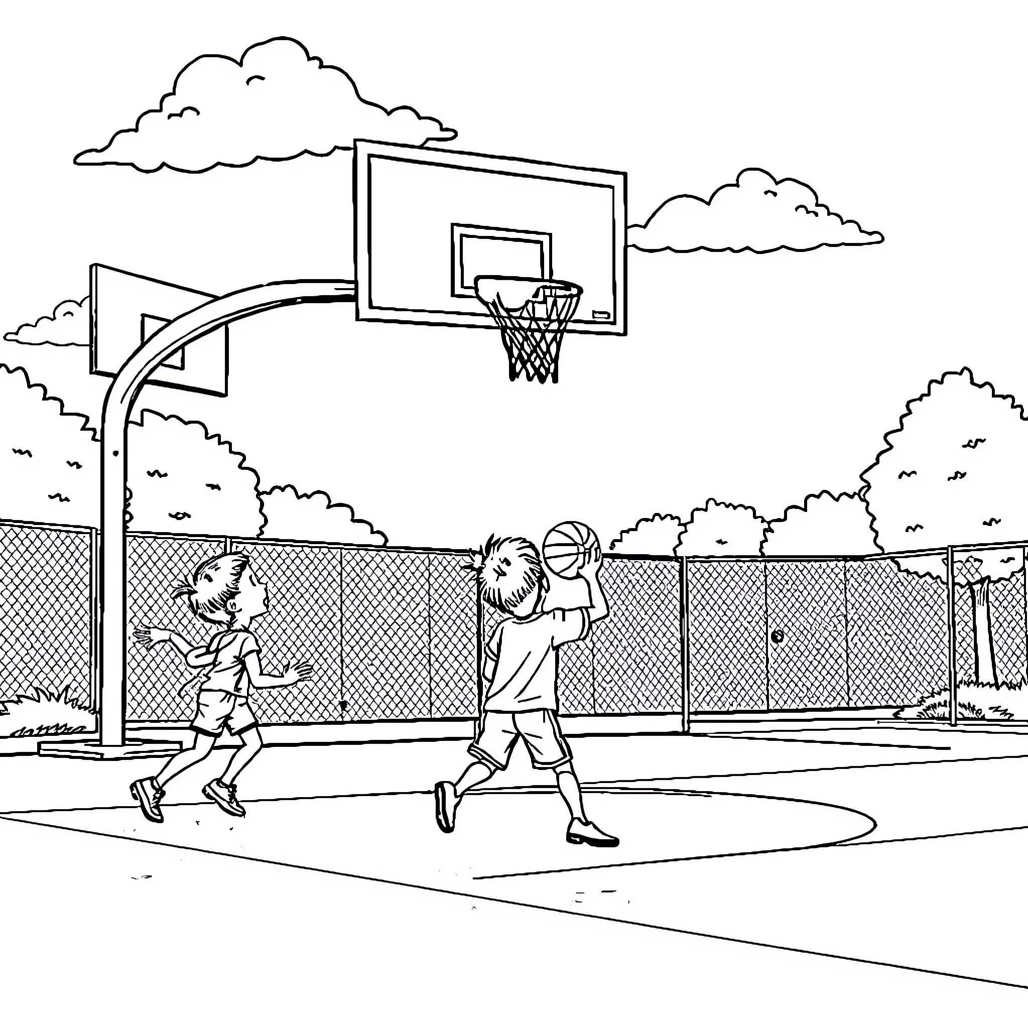 Basketball players on outdoor court Coloring Page (free black-and-white line drawing printable PDF for all, from beginners to advanced learners, including children, teens, adults, and seniors)