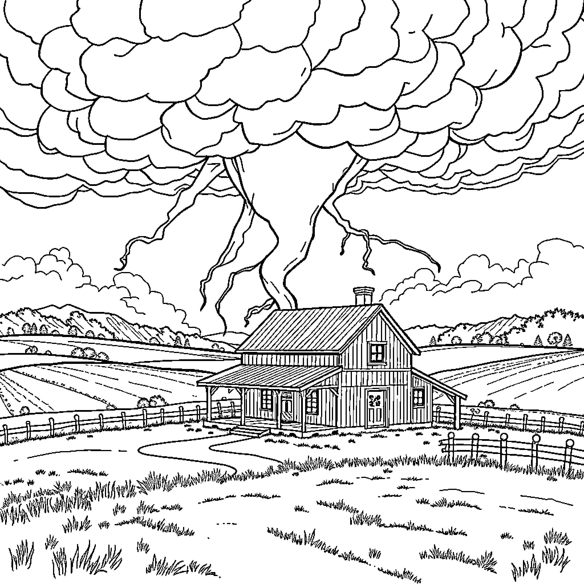 Farmhouse under dramatic cloudy sky Coloring Page (free black-and-white line drawing printable PDF for all, from beginners to advanced learners, including children, teens, adults, and seniors)