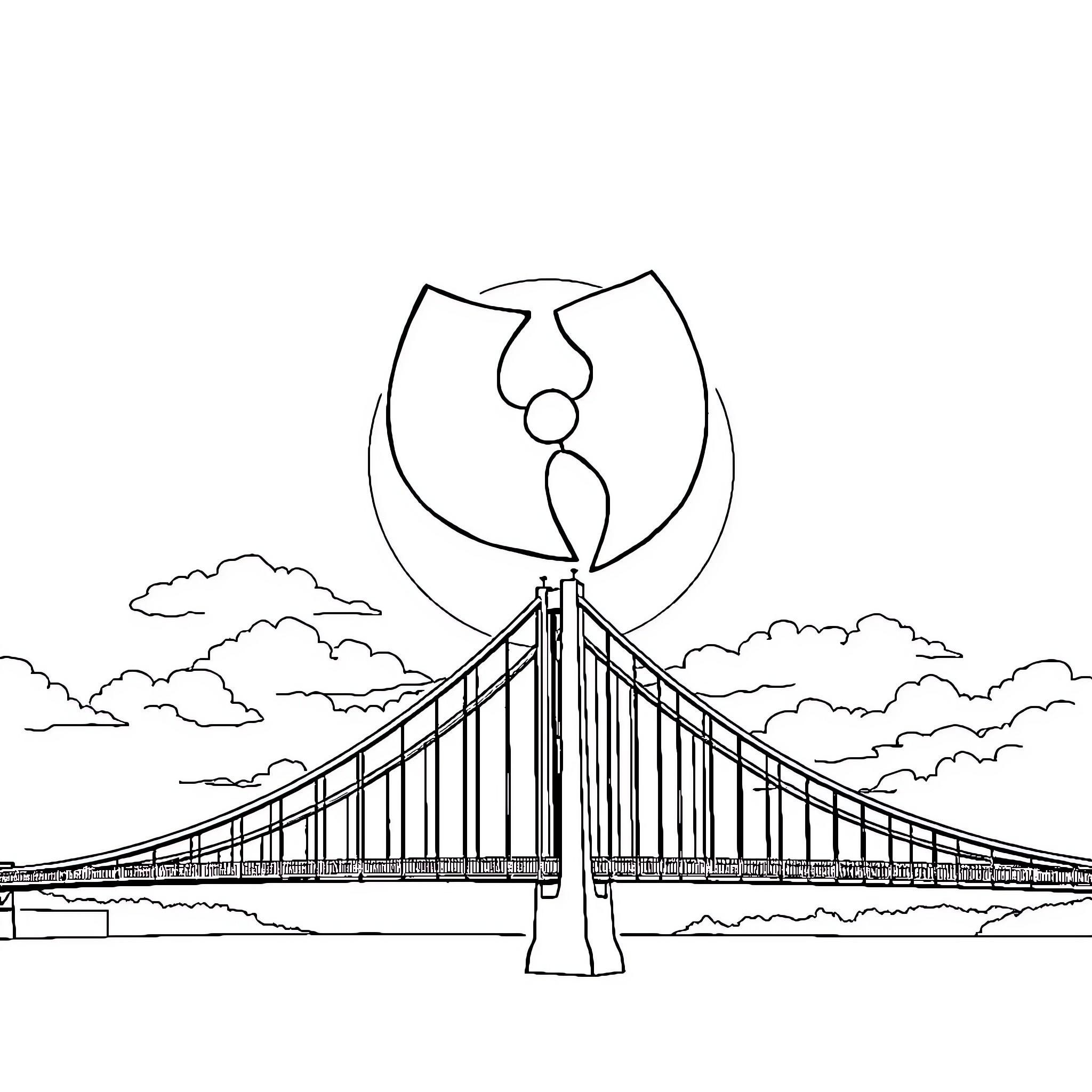 Wu Tang Clan Symbol Over a Suspension Bridge Coloring Page (free black-and-white line drawing printable PDF for all, from beginners to advanced learners, including children, teens, adults, and seniors)