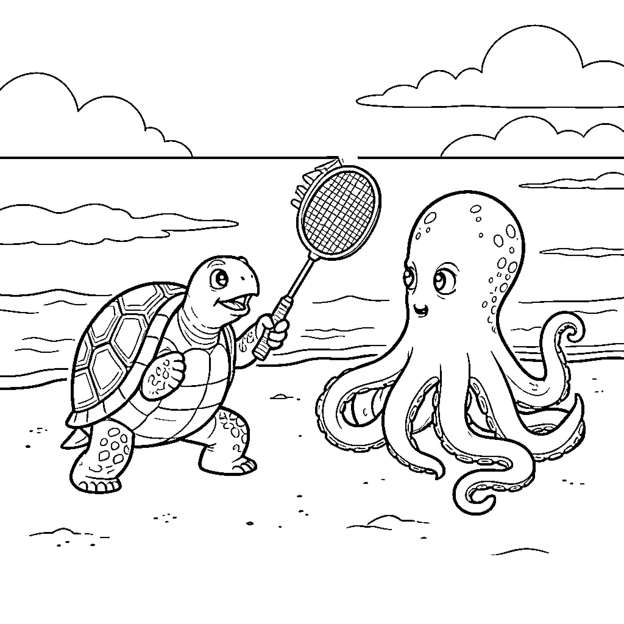 Turtle playing badminton with an octopus on the beach Coloring Page (free black-and-white line drawing printable PDF for all, from beginners to advanced learners, including children, teens, adults, and seniors)