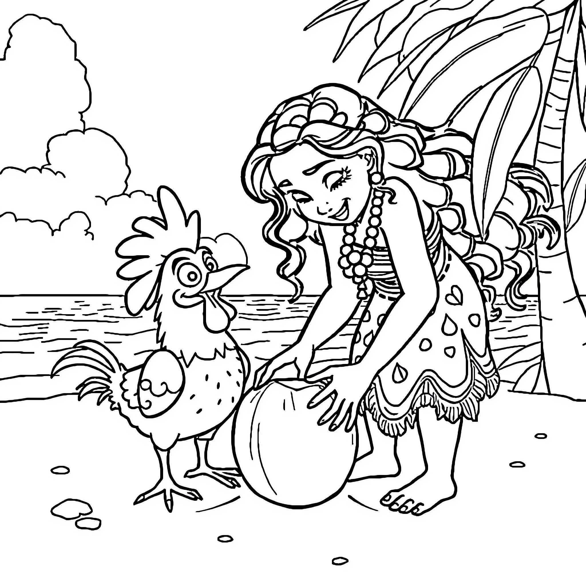 Moana befriends a playful rooster on the beach Coloring Page (free black-and-white line drawing printable PDF for all, from beginners to advanced learners, including children, teens, adults, and seniors)