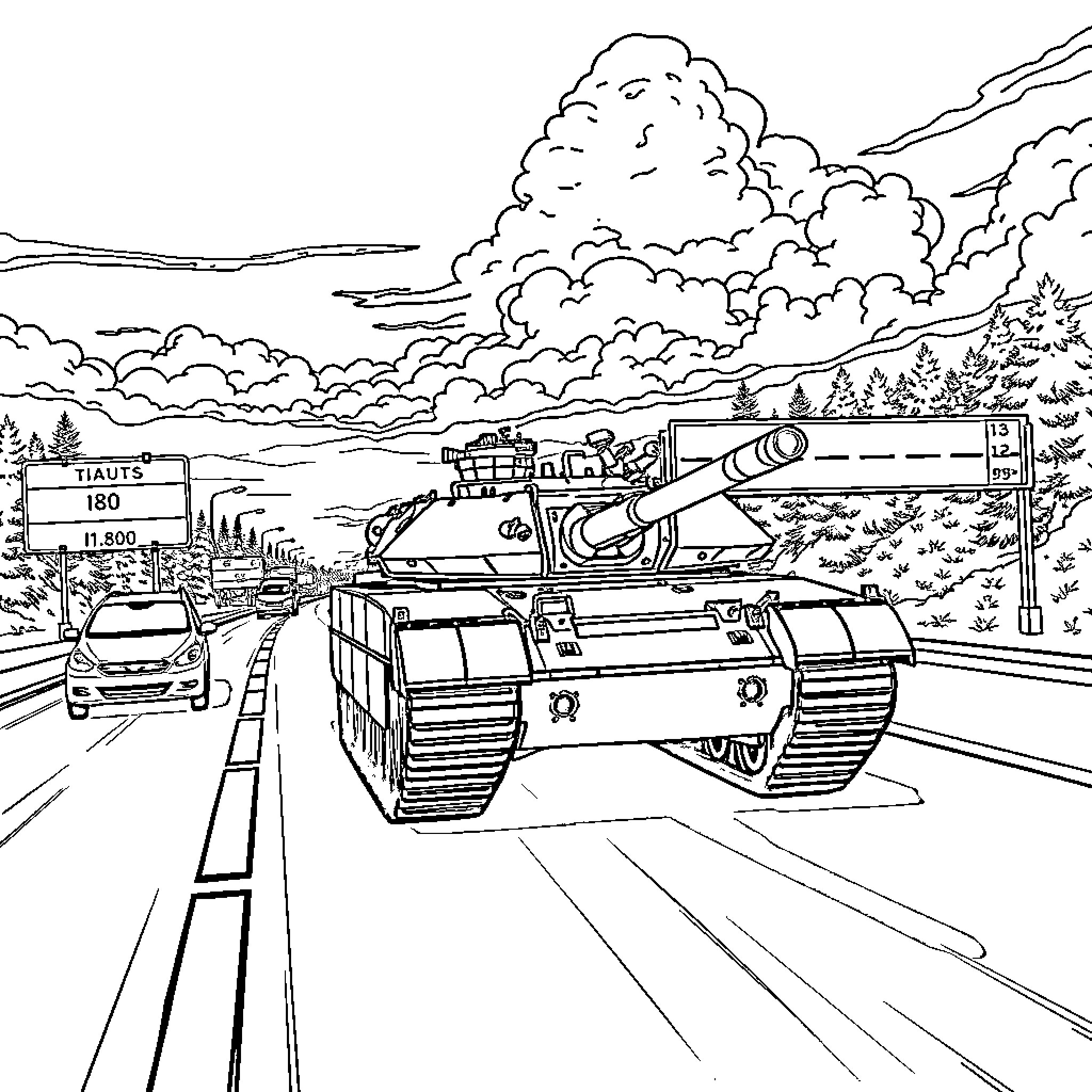 Tank driving down the road in an action-packed scene Coloring Page (free black-and-white line drawing printable PDF for all, from beginners to advanced learners, including children, teens, adults, and seniors)