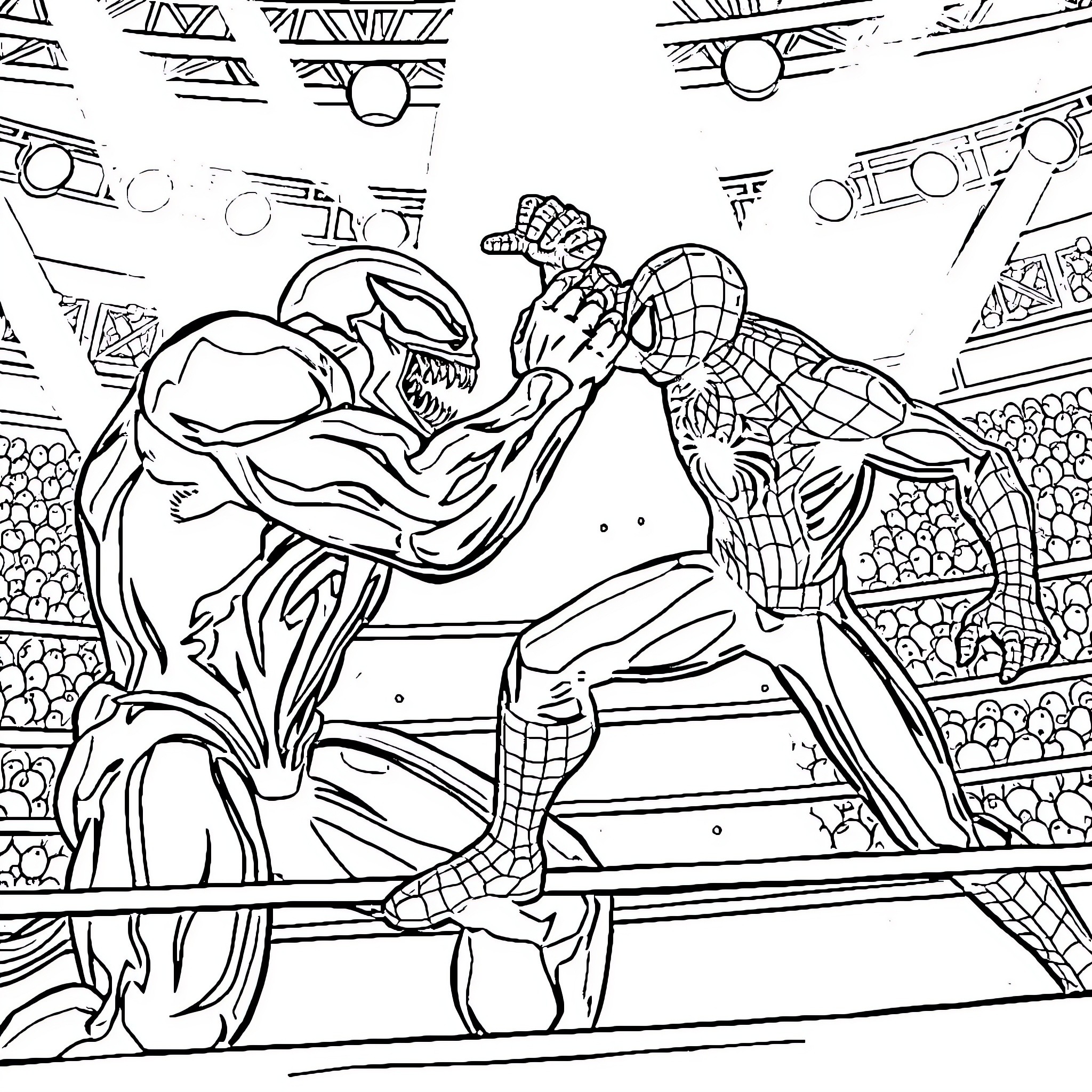 Venom battling Spider-Man in an intense fight Coloring Page (free black-and-white line drawing printable PDF for all, from beginners to advanced learners, including children, teens, adults, and seniors)