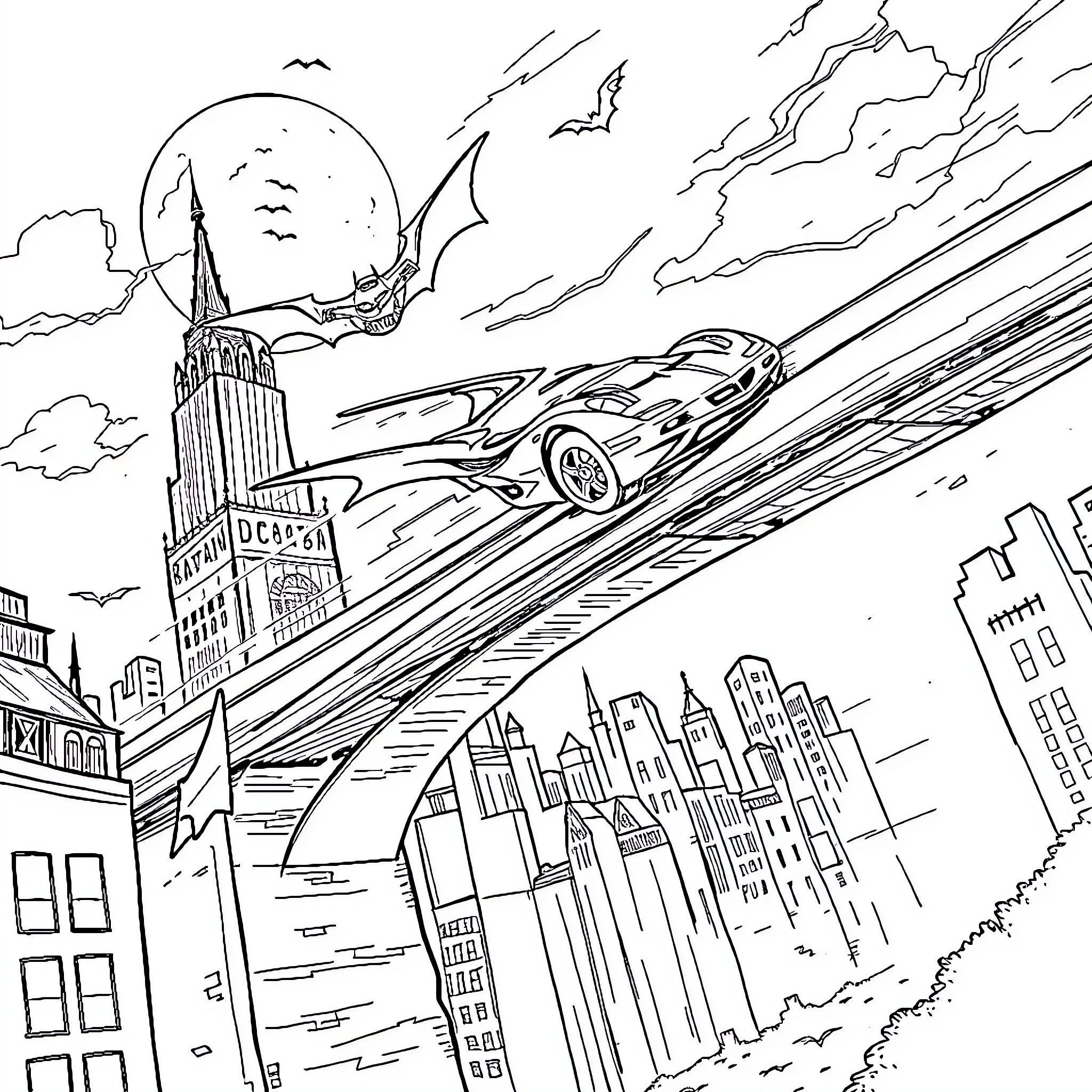 Batwing-themed sports car zooming through a futuristic cityscape Coloring Page (free black-and-white line drawing printable PDF for all, from beginners to advanced learners, including children, teens, adults, and seniors)