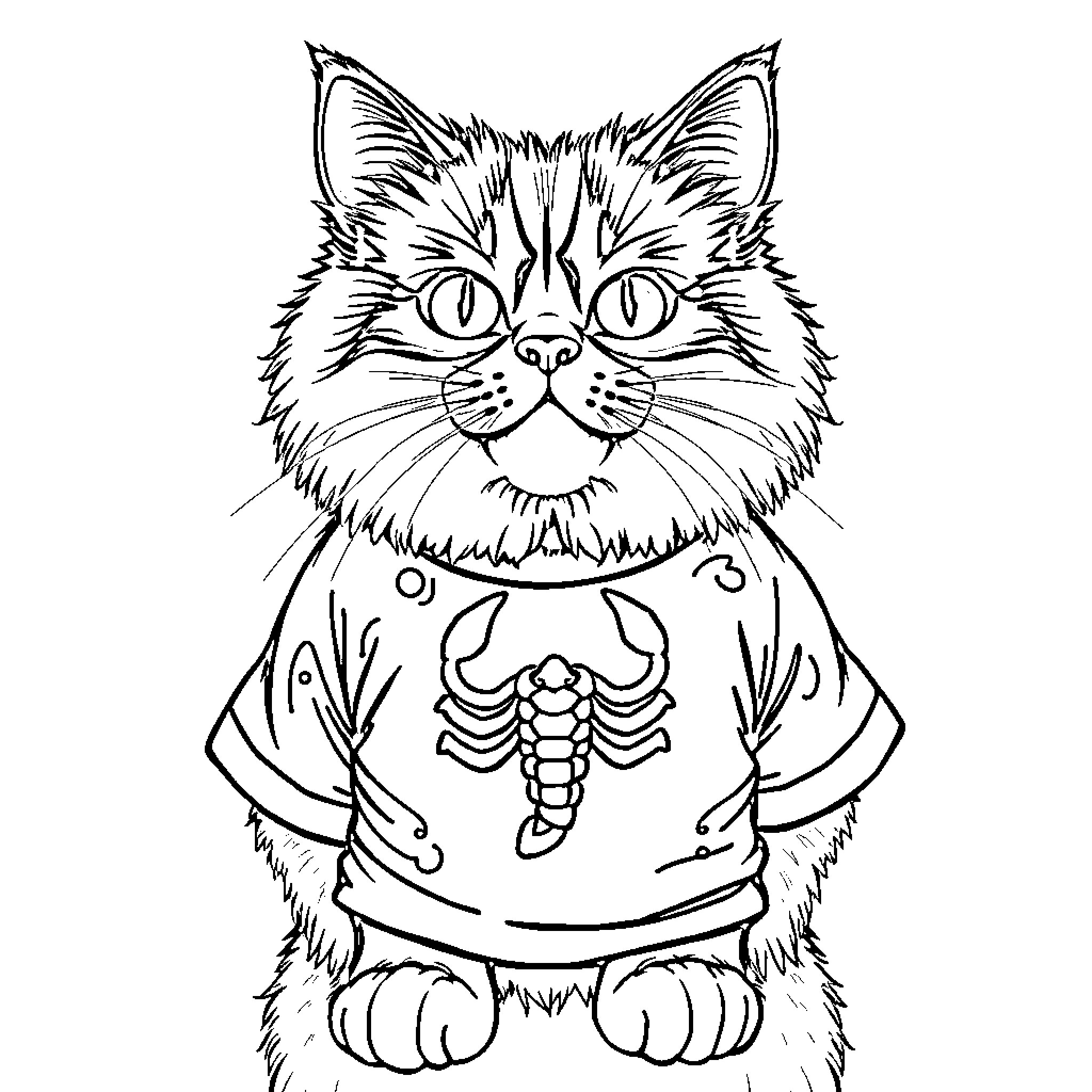 Cat in Scorpion Sweater Coloring Page (free black-and-white line drawing printable PDF for all, from beginners to advanced learners, including children, teens, adults, and seniors)