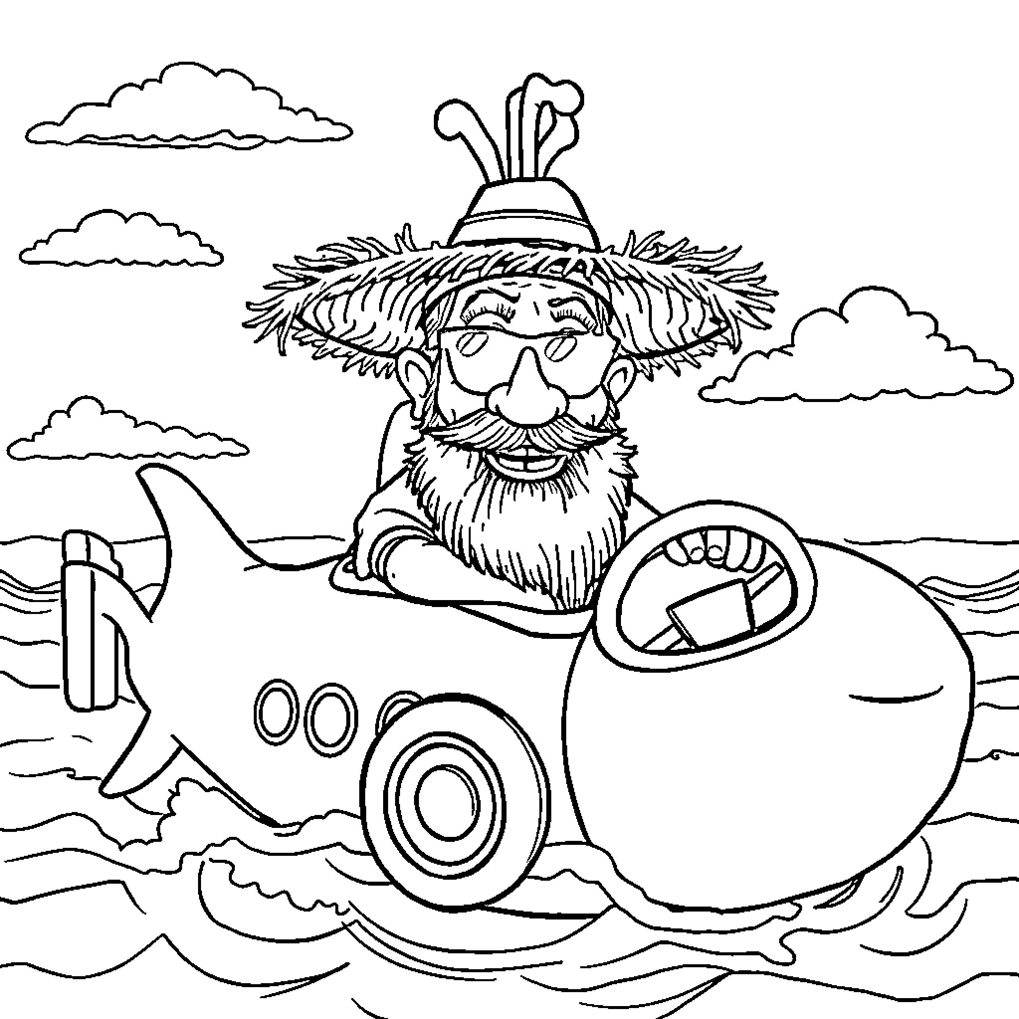 Hillbilly Submarine Sailor Navigating the High Seas Coloring Page (free black-and-white line drawing printable PDF for all, from beginners to advanced learners, including children, teens, adults, and seniors)