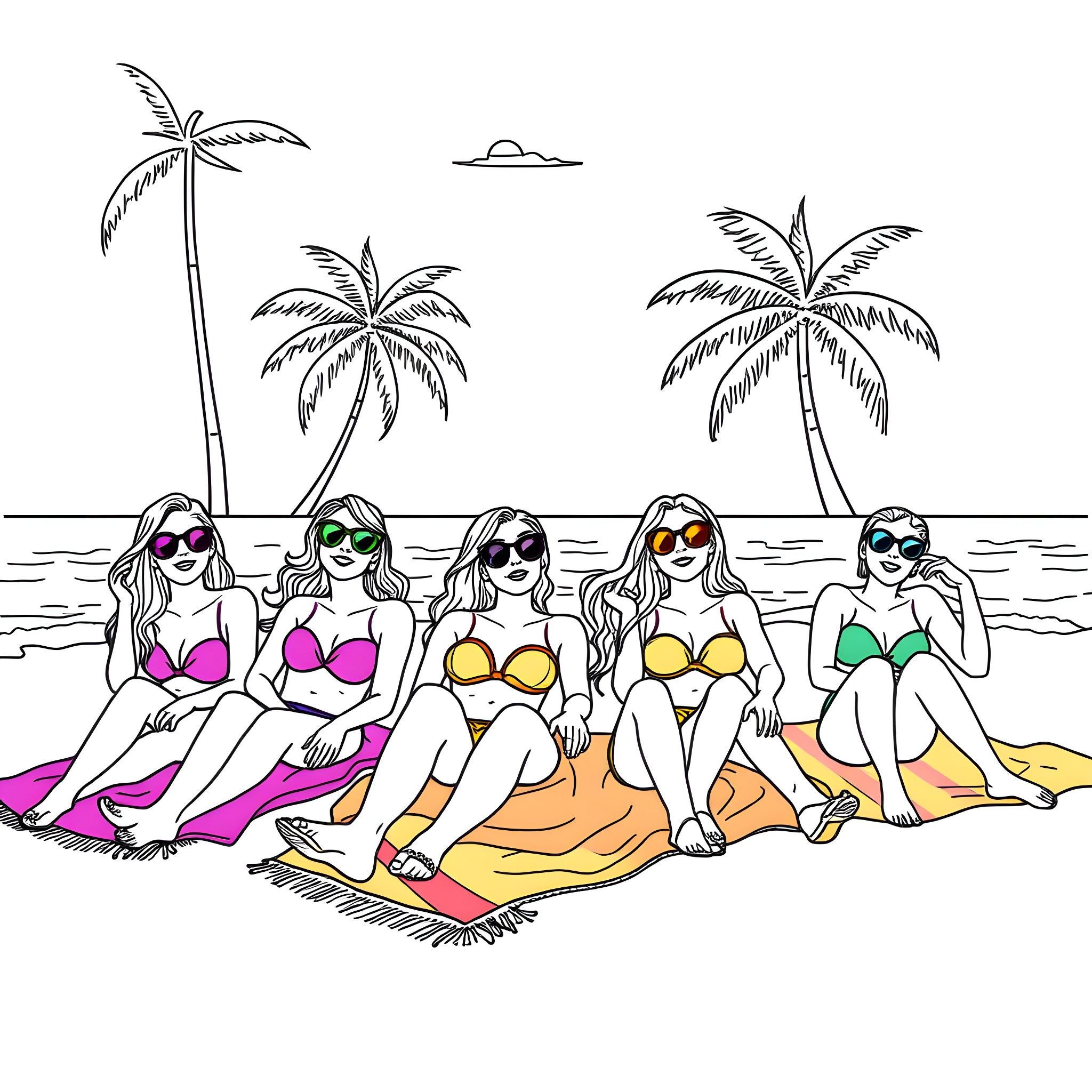Women enjoying a sunny day at the beach Coloring Page (free black-and-white line drawing printable PDF for all, from beginners to advanced learners, including children, teens, adults, and seniors)
