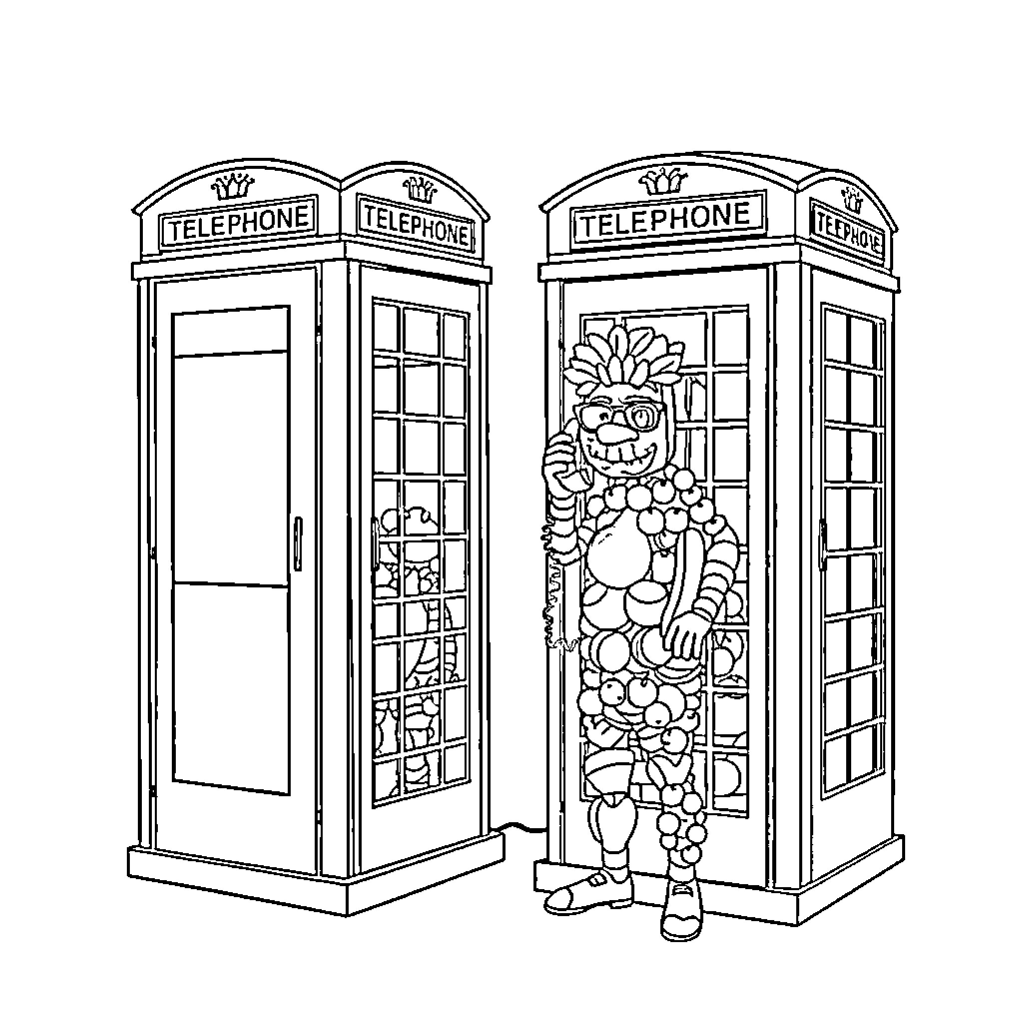 Vegetable Man in Whimsical Phone Booths Coloring Page (free black-and-white line drawing printable PDF for all, from beginners to advanced learners, including children, teens, adults, and seniors)