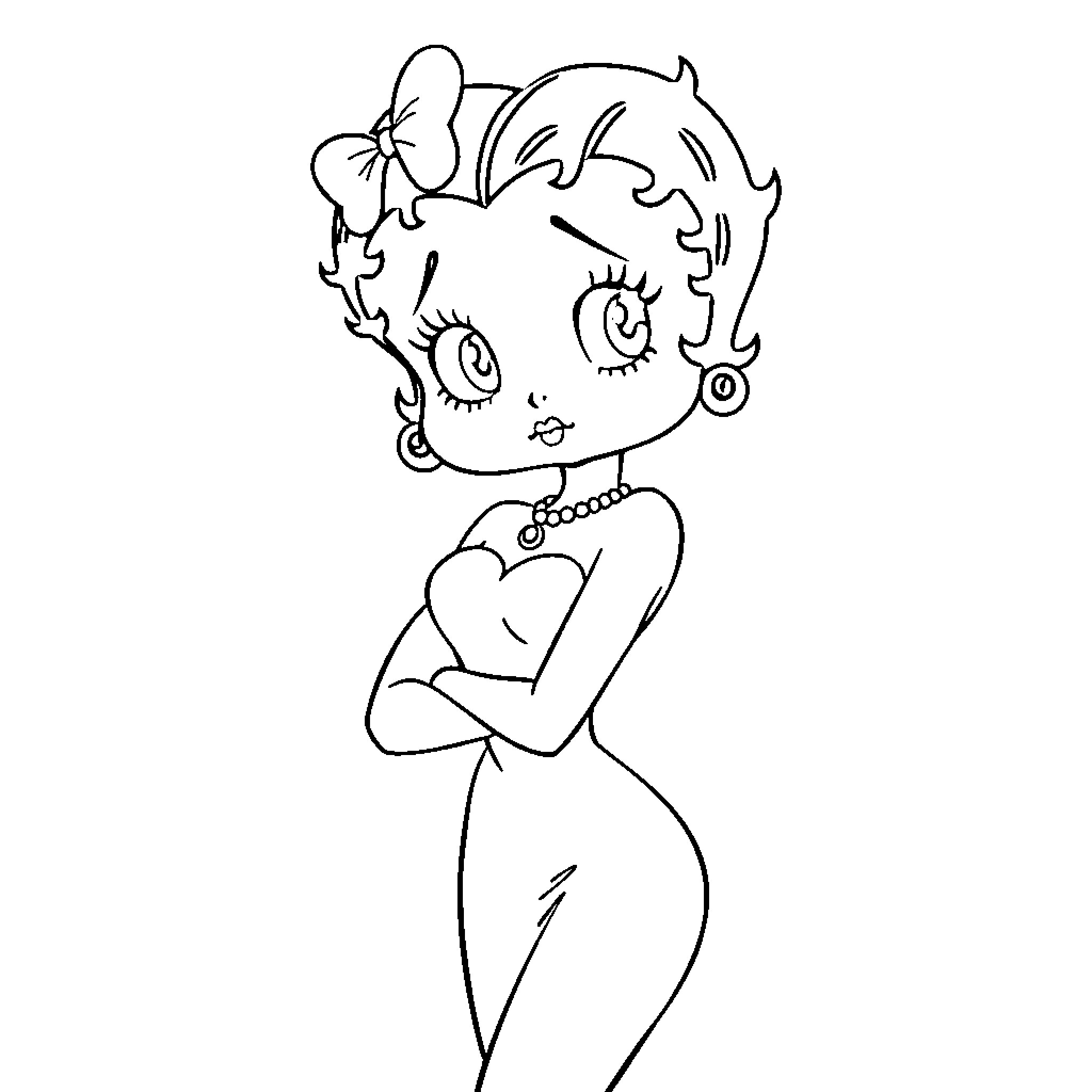 Betty Boop posing playfully with hands on hips Coloring Page (free black-and-white line drawing printable PDF for all, from beginners to advanced learners, including children, teens, adults, and seniors)