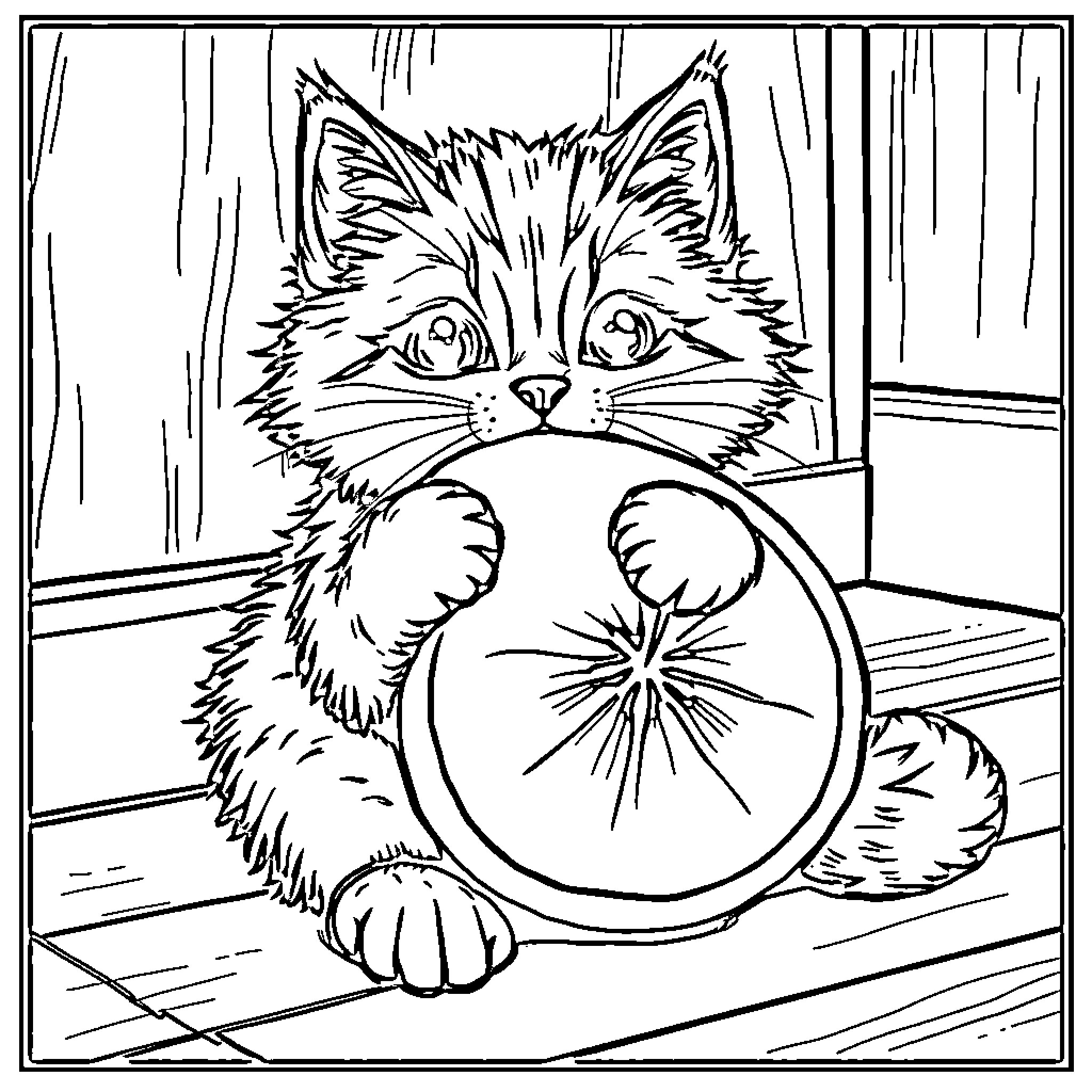 Cat playing with sparkly object on wooden floor Coloring Page (free black-and-white line drawing printable PDF for all, from beginners to advanced learners, including children, teens, adults, and seniors)