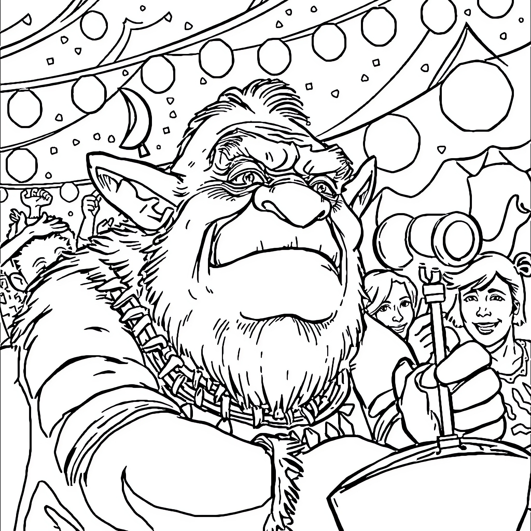 Ogre celebrating with festive decorations Coloring Page (free black-and-white line drawing printable PDF for all, from beginners to advanced learners, including children, teens, adults, and seniors)