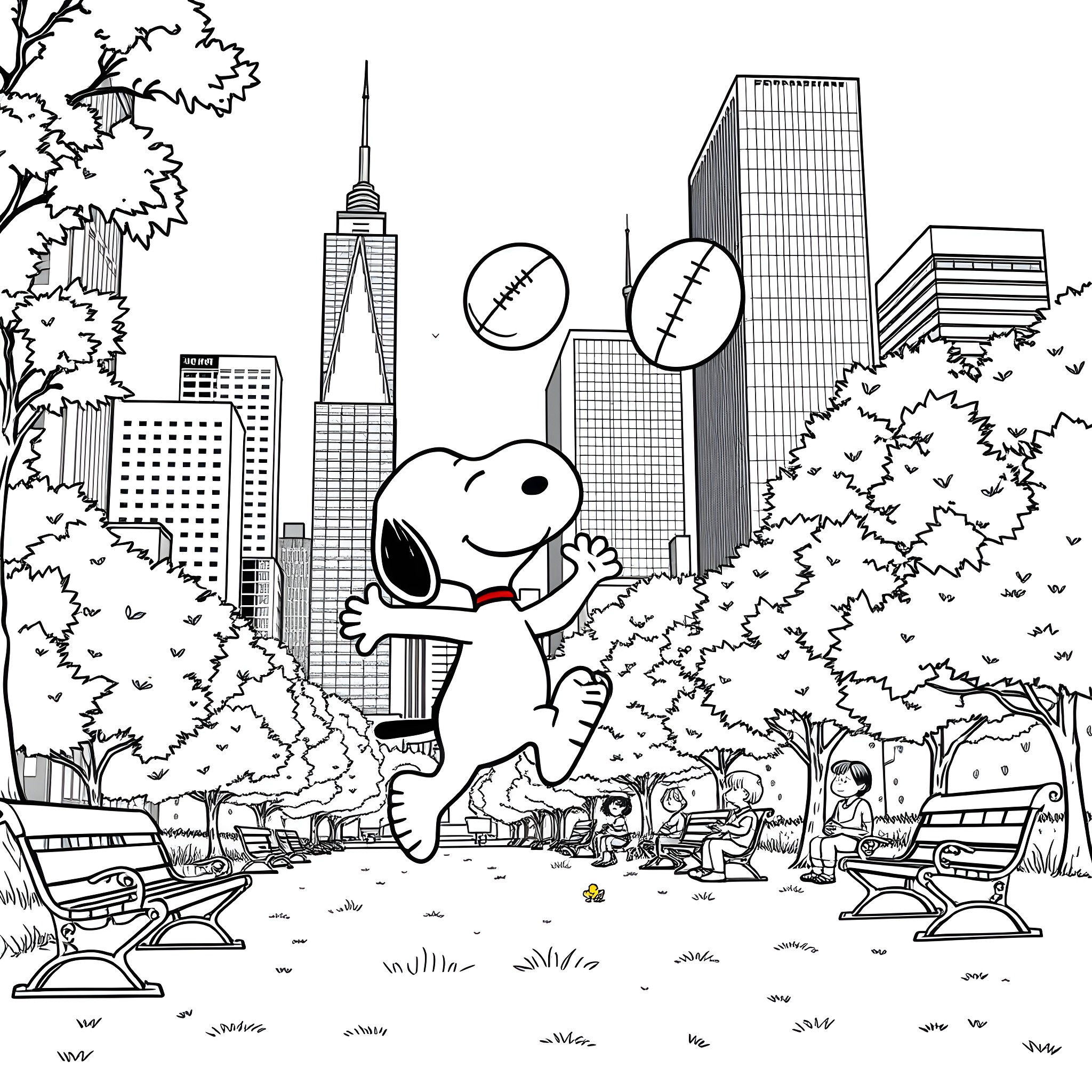 Snoopy enjoying a day in the city park Coloring Page (free black-and-white line drawing printable PDF for all, from beginners to advanced learners, including children, teens, adults, and seniors)