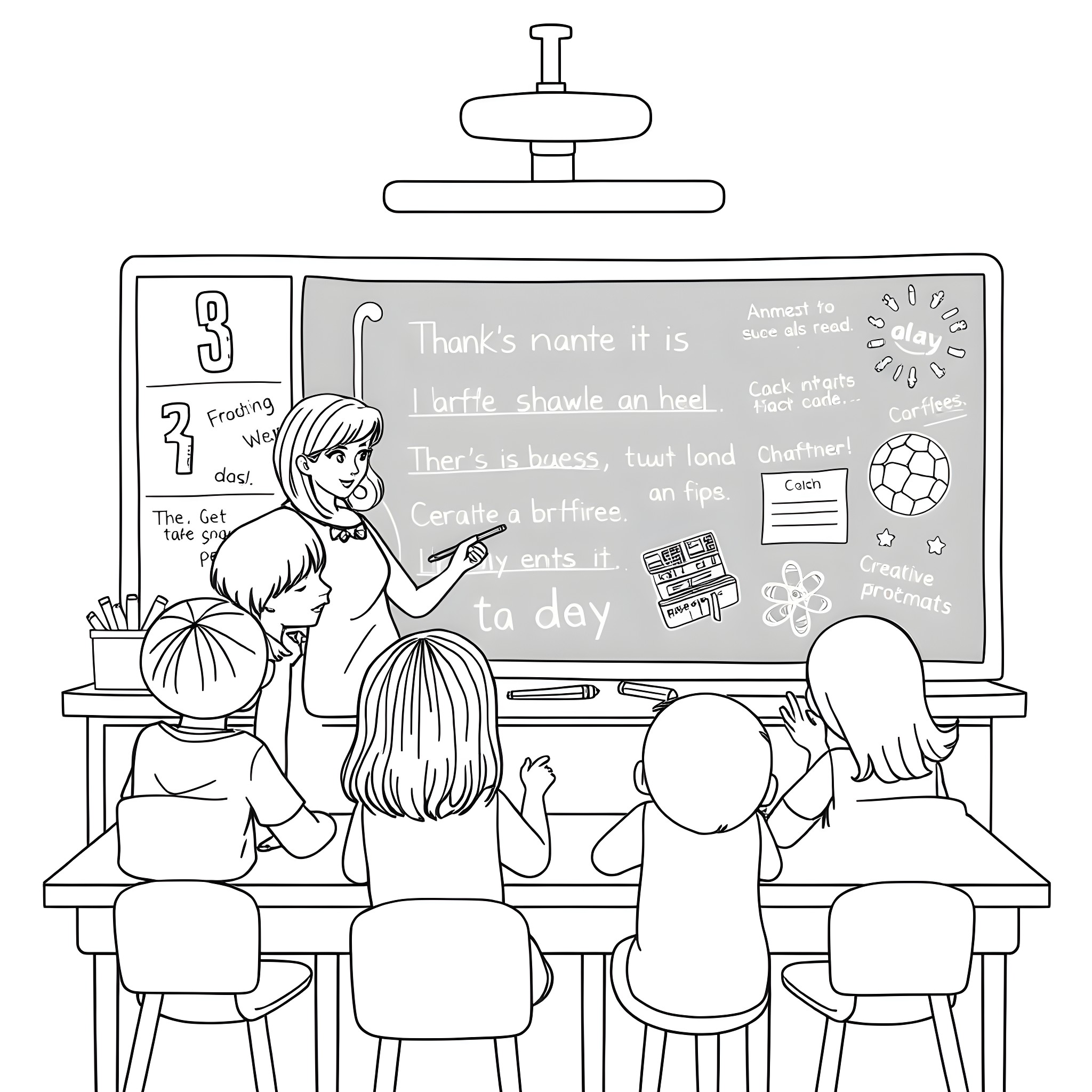 Number of Students Learning in Classroom Coloring Page (free black-and-white line drawing printable PDF for all, from beginners to advanced learners, including children, teens, adults, and seniors)