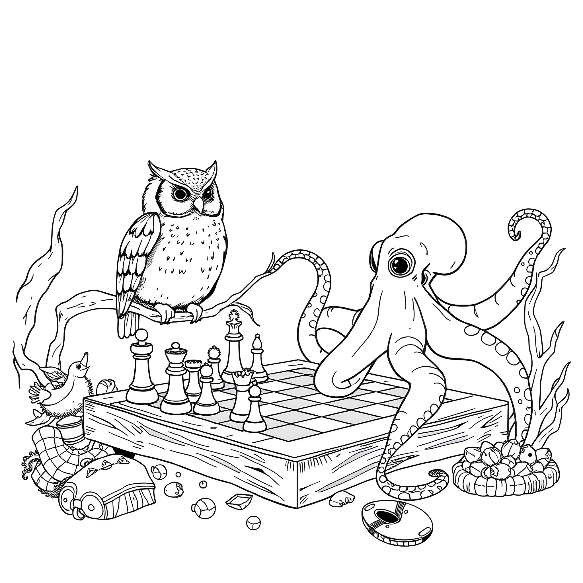 Owl playing chess with octopus in underwater scene Coloring Page (free black-and-white line drawing printable PDF for all, from beginners to advanced learners, including children, teens, adults, and seniors)