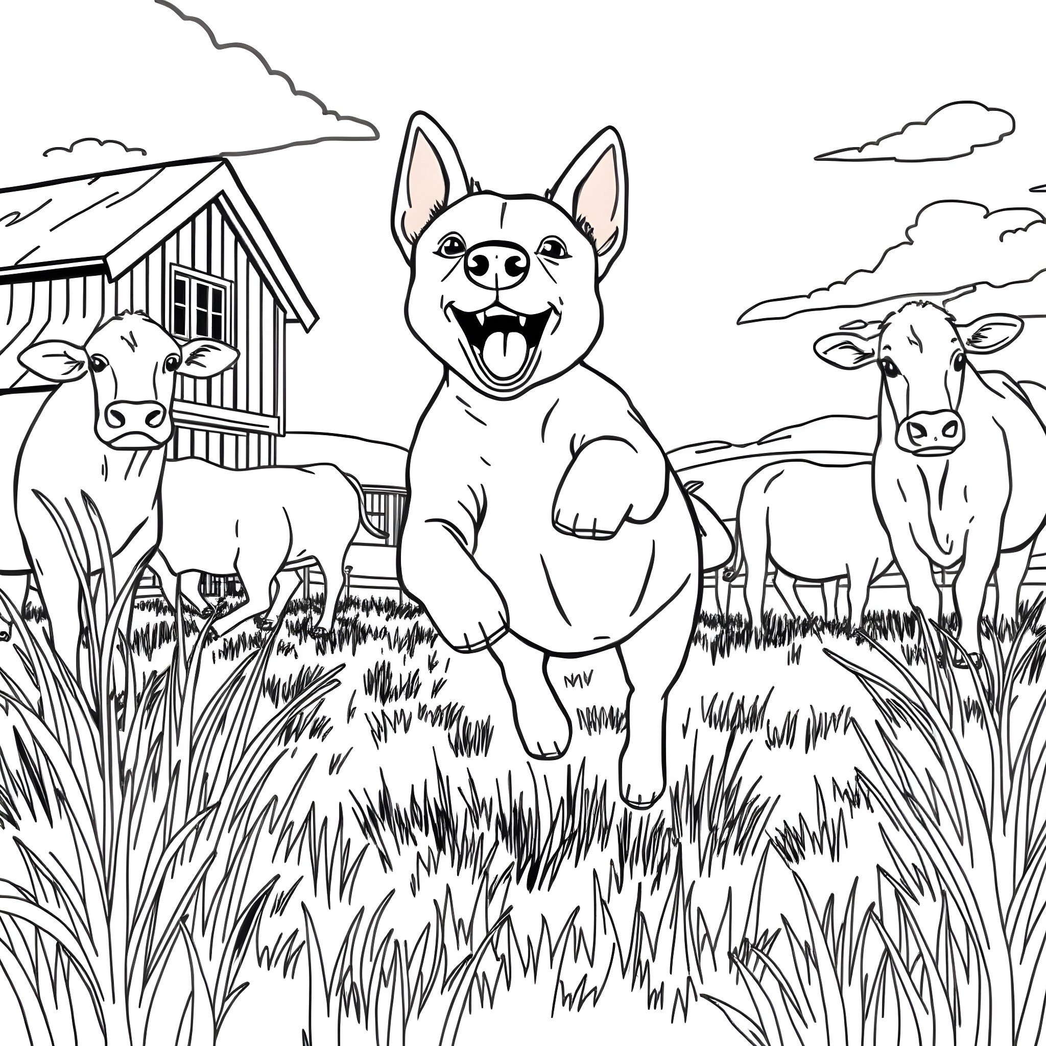 Staffie Puppy Playing Happily on a Farm Coloring Page (free black-and-white line drawing printable PDF for all, from beginners to advanced learners, including children, teens, adults, and seniors)