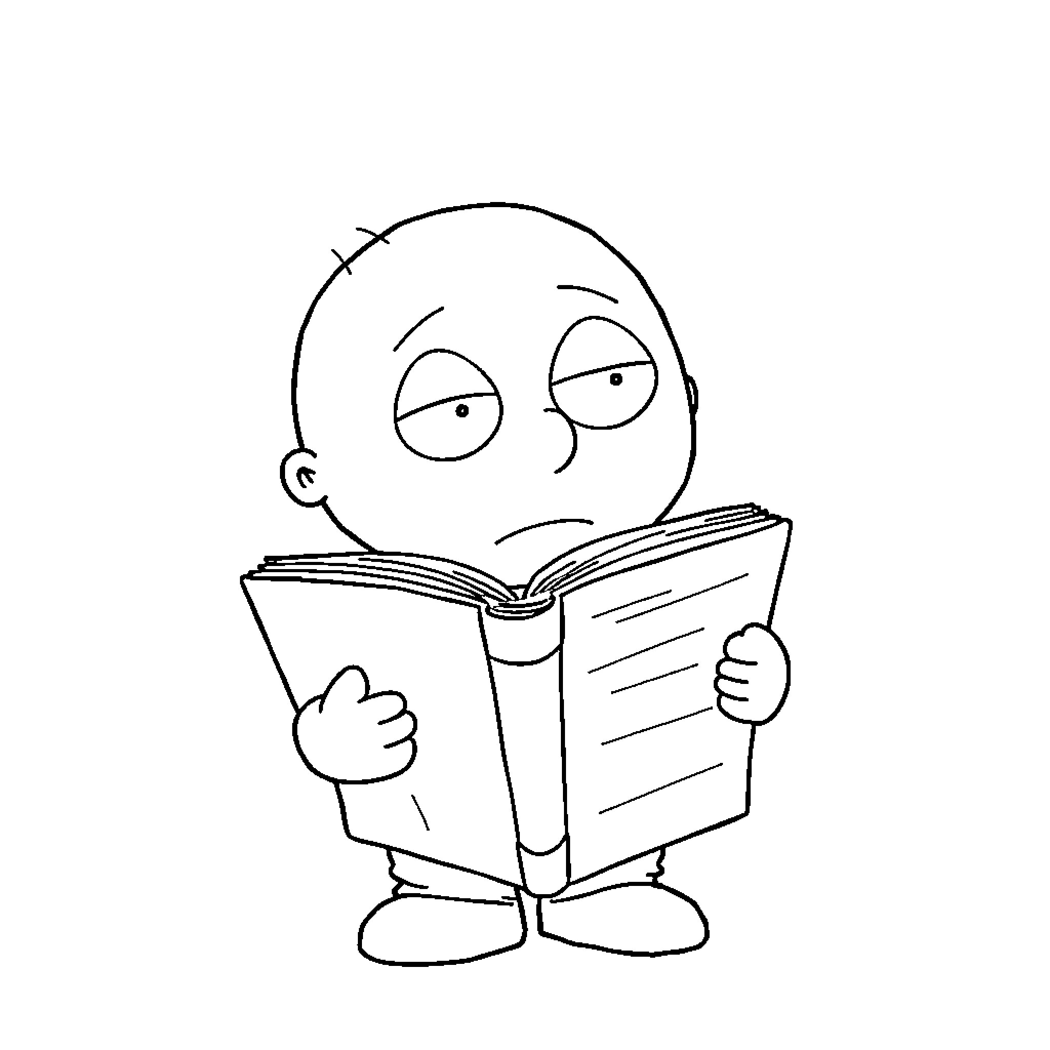 Stewie Griffin reading a book with a puzzled expression Coloring Page (free black-and-white line drawing printable PDF for all, from beginners to advanced learners, including children, teens, adults, and seniors)