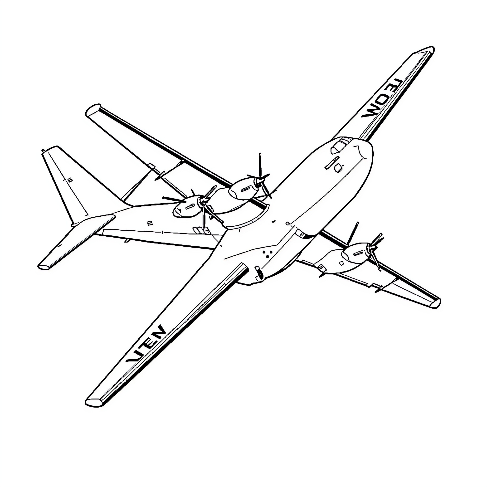 Airplane with distinctive propellers in flight Coloring Page (free black-and-white line drawing printable PDF for all, from beginners to advanced learners, including children, teens, adults, and seniors)