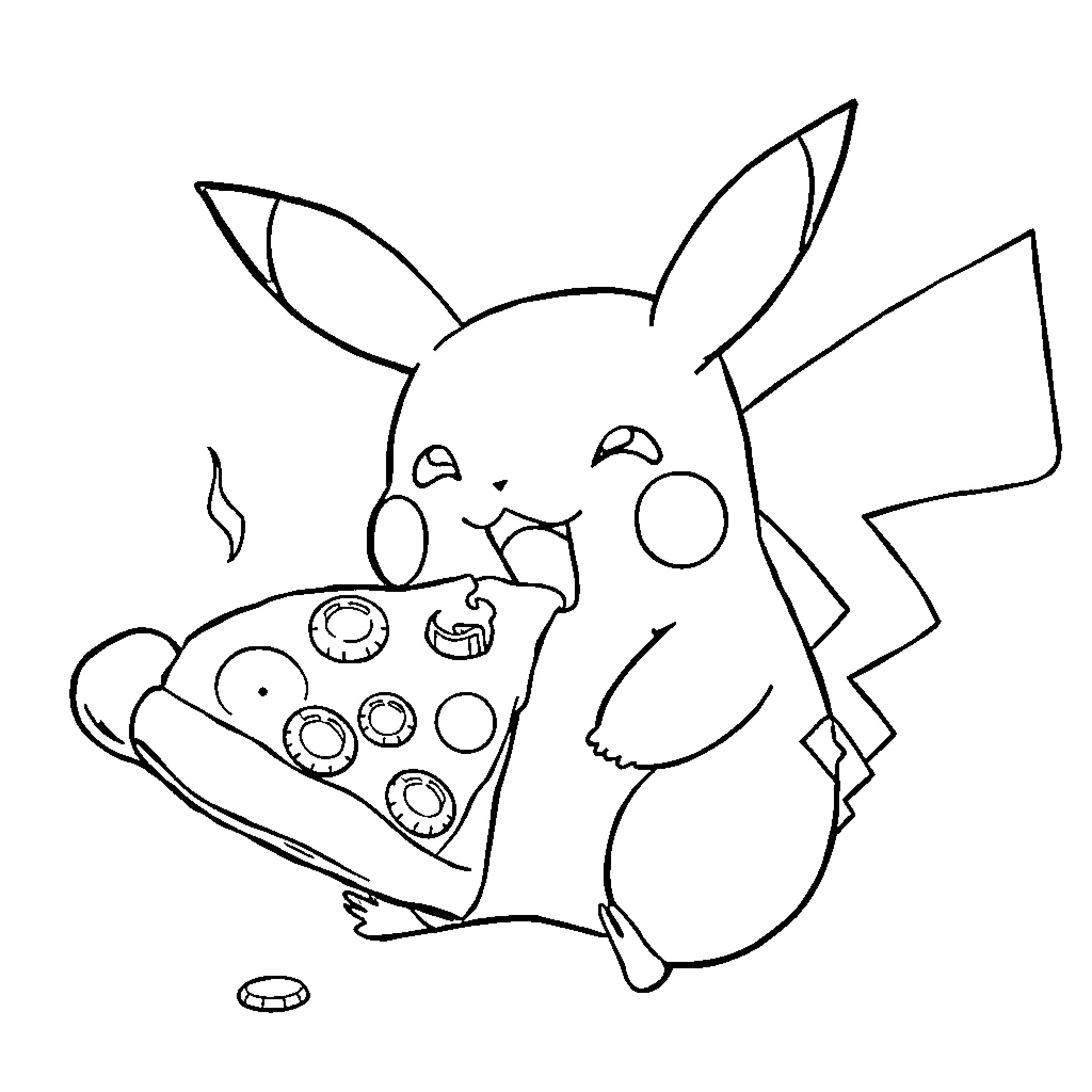 Pikachu enjoying a delicious pizza Coloring Page (free black-and-white line drawing printable PDF for all, from beginners to advanced learners, including children, teens, adults, and seniors)