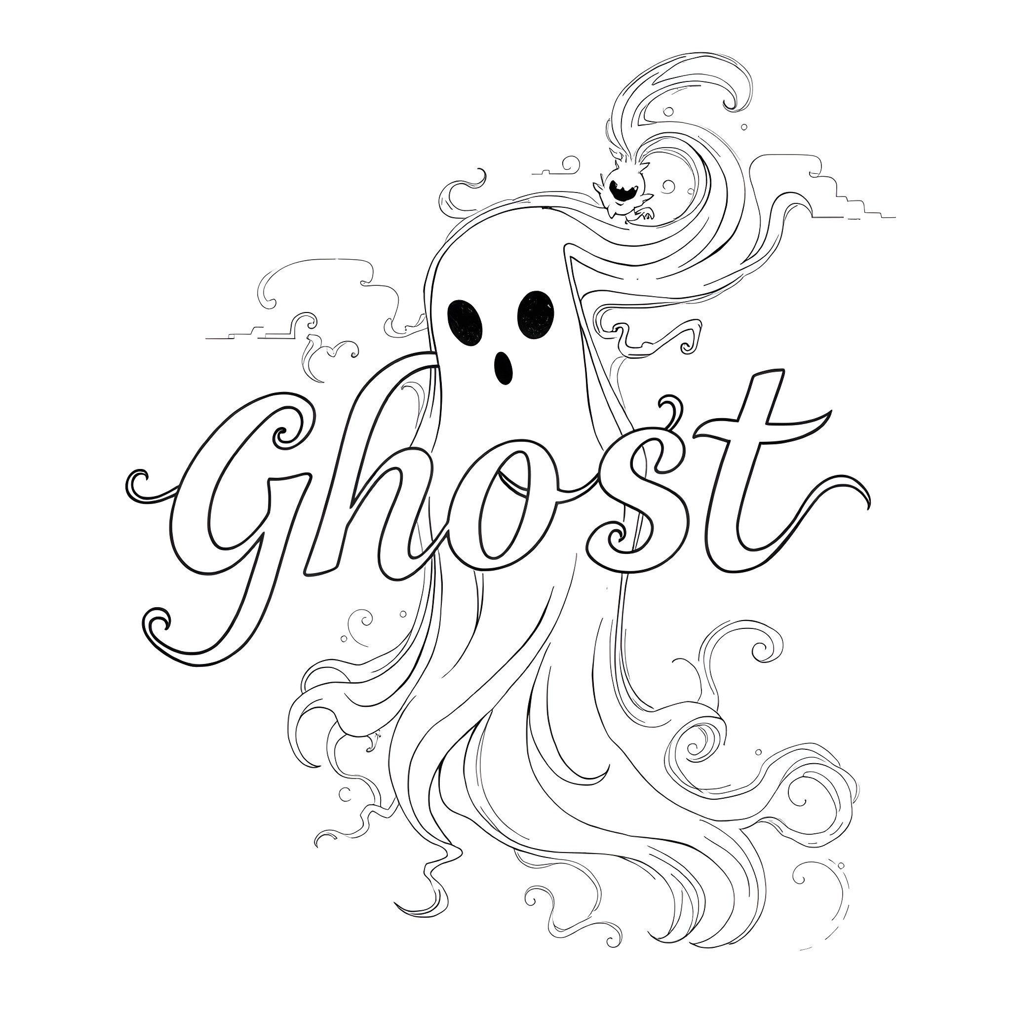 Ghost with flowing, ethereal form Coloring Page (free black-and-white line drawing printable PDF for all, from beginners to advanced learners, including children, teens, adults, and seniors)