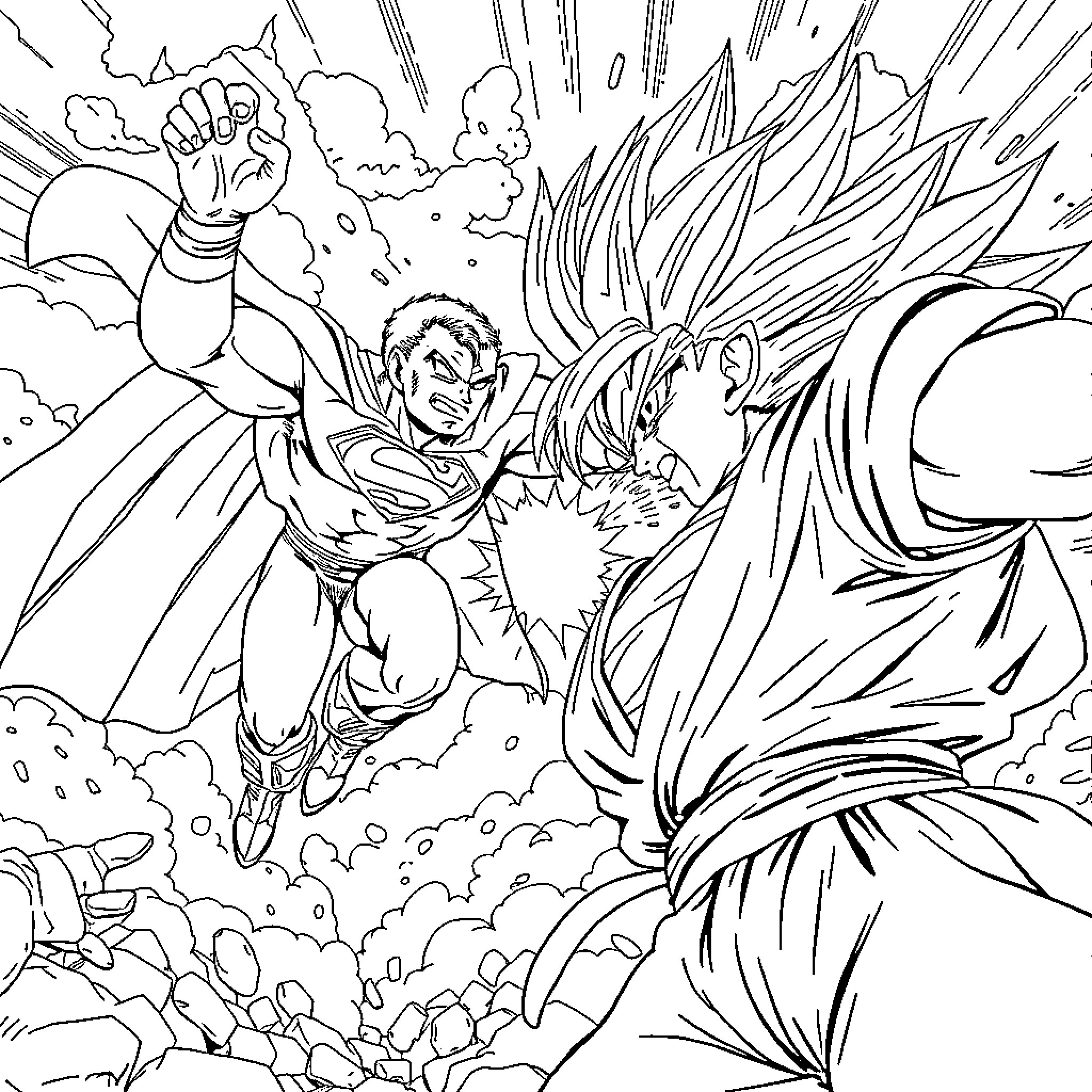 Superman battling a powerful foe in an intense fight Coloring Page (free black-and-white line drawing printable PDF for all, from beginners to advanced learners, including children, teens, adults, and seniors)