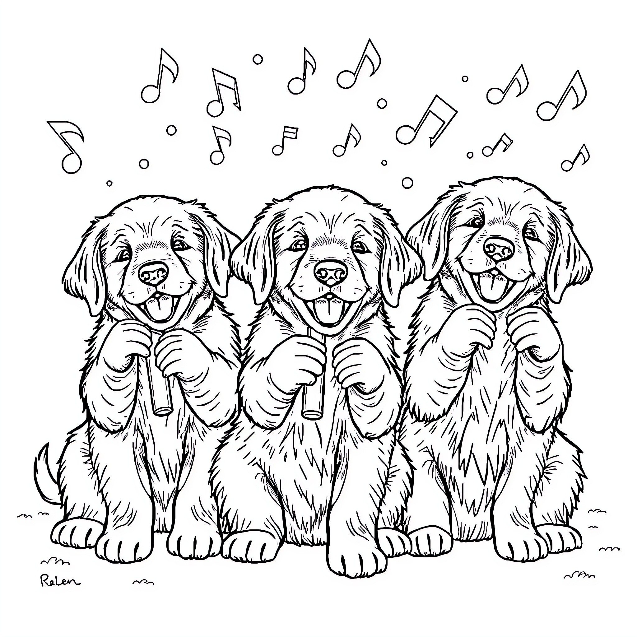 Puppy Trio Singing Joyfully with Music Notes Coloring Page (free black-and-white line drawing printable PDF for all, from beginners to advanced learners, including children, teens, adults, and seniors)