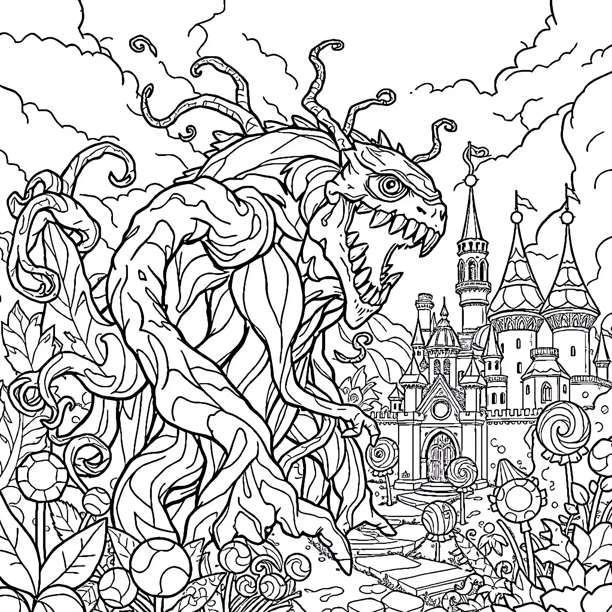 Plant Monster Attacks Fantastical Castle Amid Lush Foliage Coloring Page (free black-and-white line drawing printable PDF for all, from beginners to advanced learners, including children, teens, adults, and seniors)