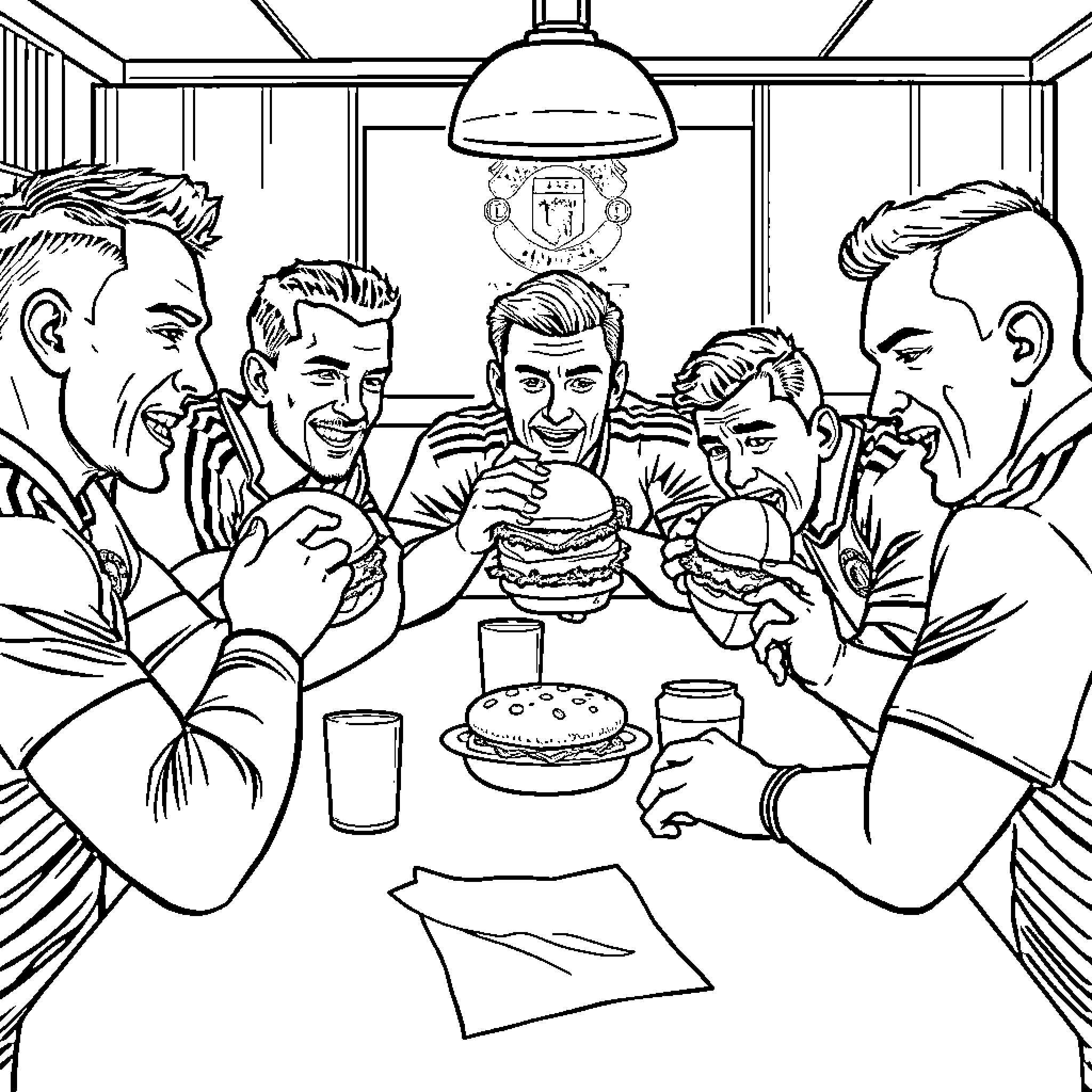 Man United Friends Enjoying a Burger Meal Together Coloring Page (free black-and-white line drawing printable PDF for all, from beginners to advanced learners, including children, teens, adults, and seniors)