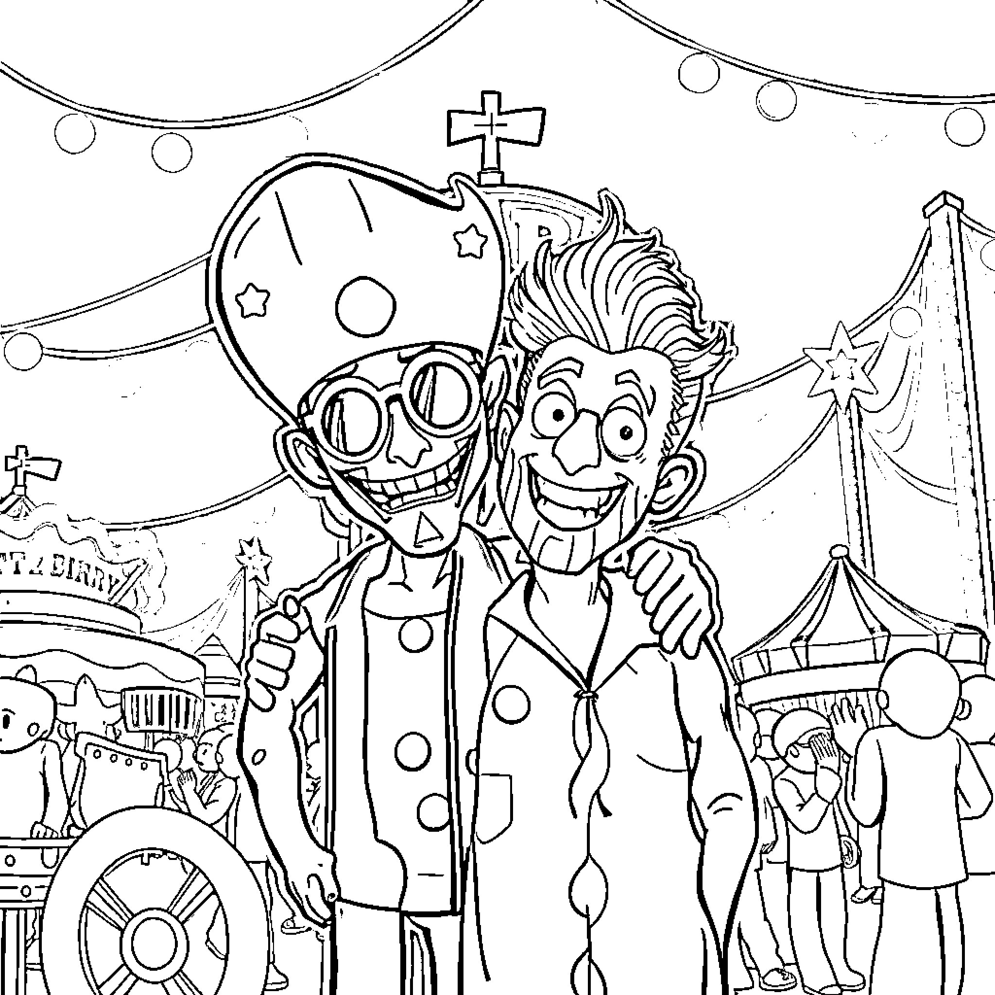 Hatchetman at the Carnival Circus Festival Coloring Page (free black-and-white line drawing printable PDF for all, from beginners to advanced learners, including children, teens, adults, and seniors)