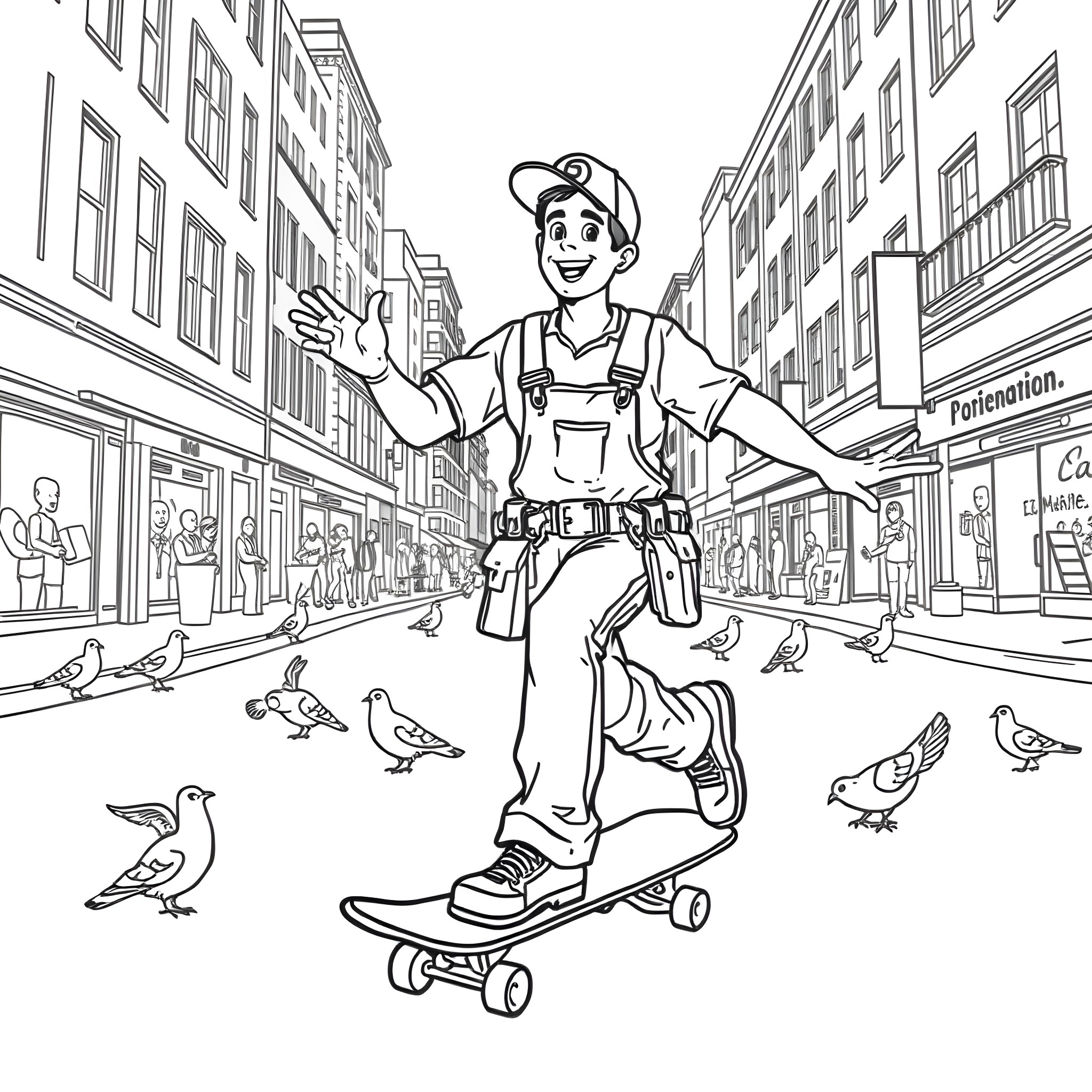 Plumber riding skateboard on city street Coloring Page (free black-and-white line drawing printable PDF for all, from beginners to advanced learners, including children, teens, adults, and seniors)