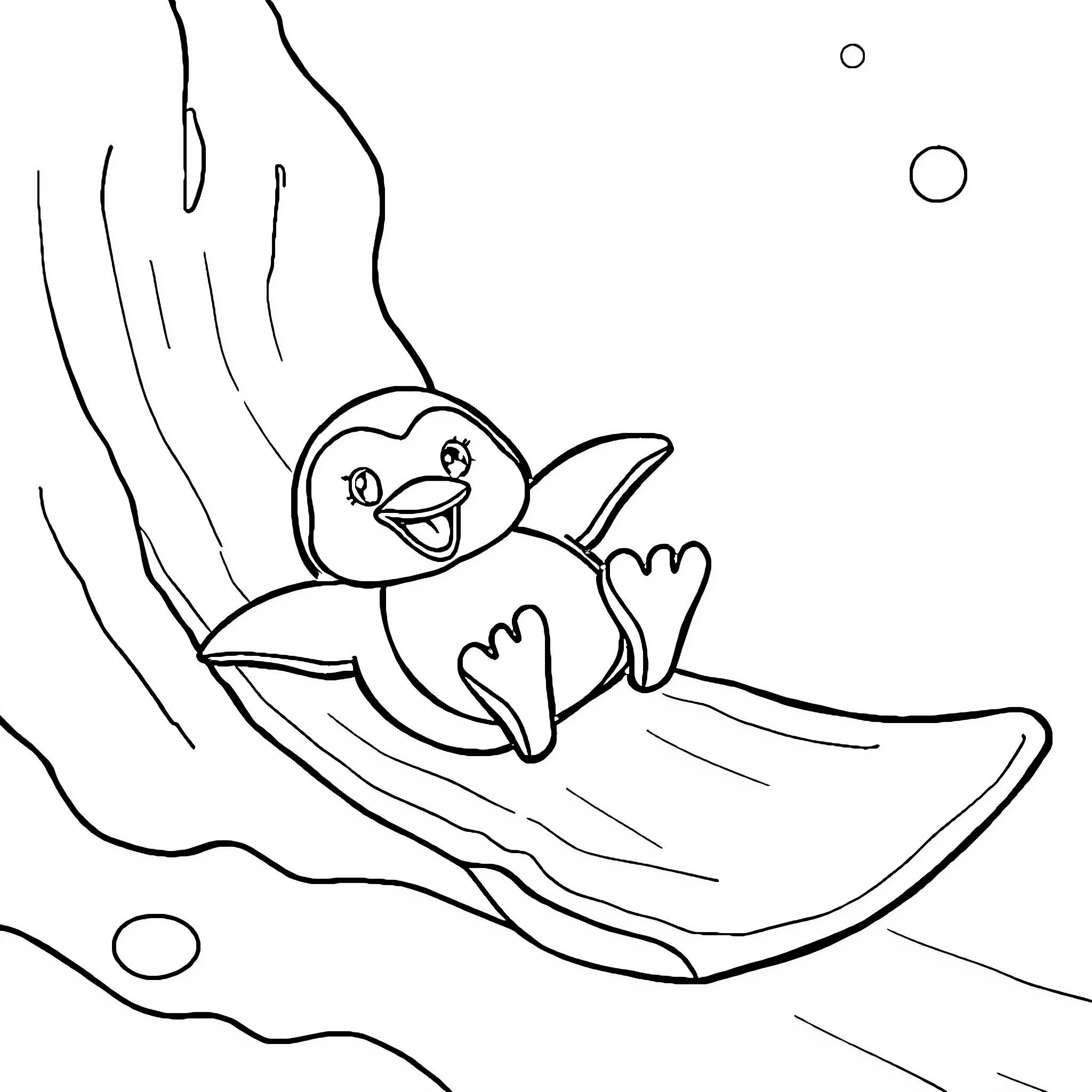 Penguin sliding on ice with bubbles Coloring Page (free black-and-white line drawing printable PDF for all, from beginners to advanced learners, including children, teens, adults, and seniors)