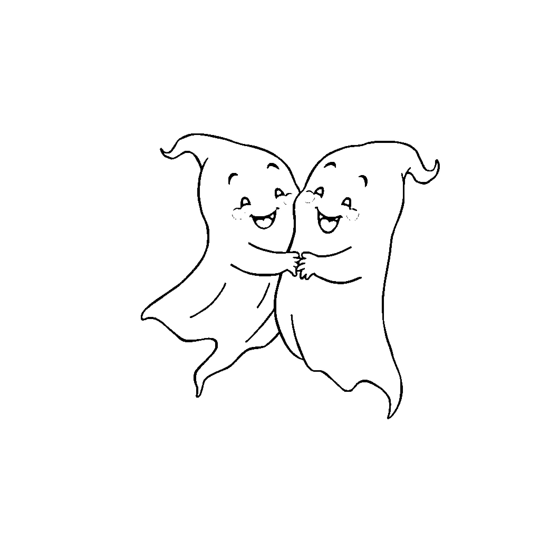 Ghost friends embracing in joy Coloring Page (free black-and-white line drawing printable PDF for all, from beginners to advanced learners, including children, teens, adults, and seniors)
