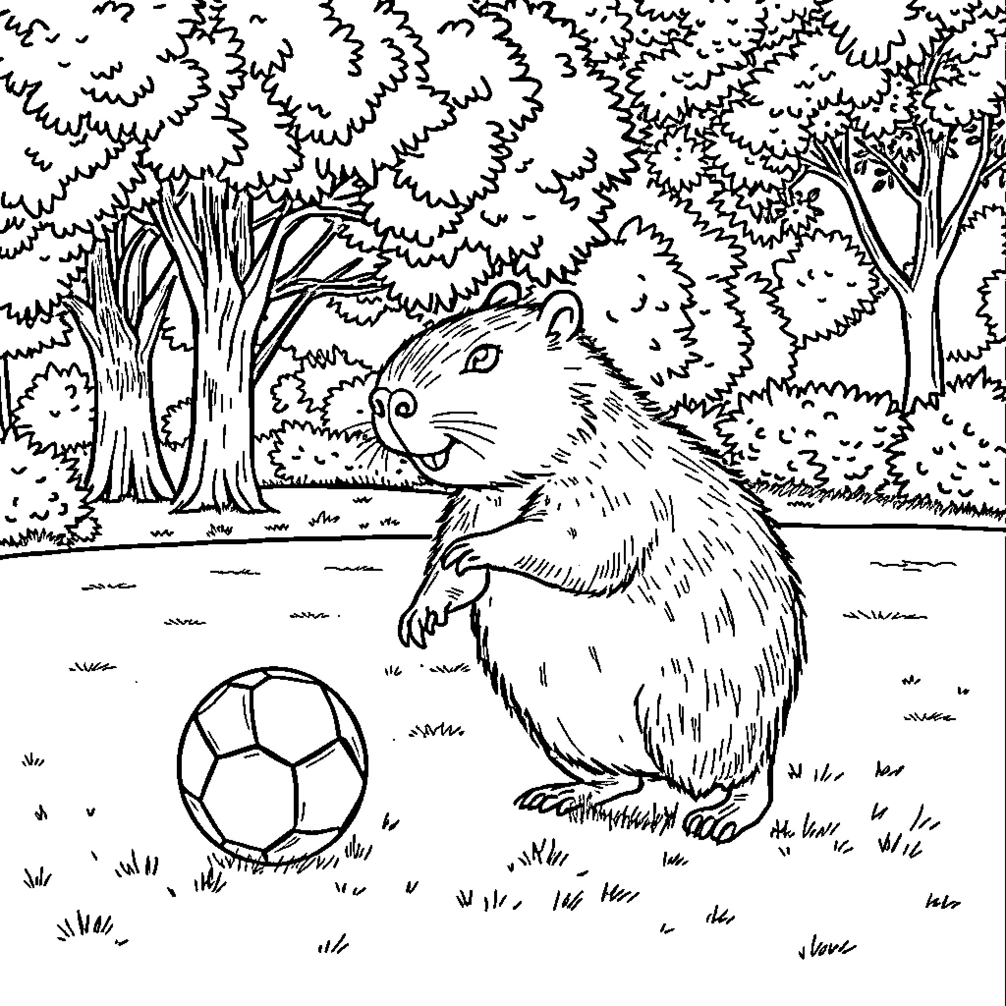 Capybara playing with a soccer ball in the forest Coloring Page (free black-and-white line drawing printable PDF for all, from beginners to advanced learners, including children, teens, adults, and seniors)