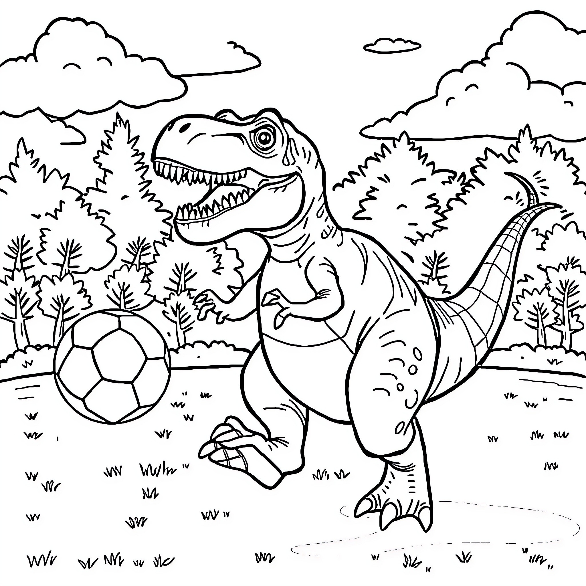Dinosaur playing with soccer ball in natural setting Coloring Page (free black-and-white line drawing printable PDF for all, from beginners to advanced learners, including children, teens, adults, and seniors)