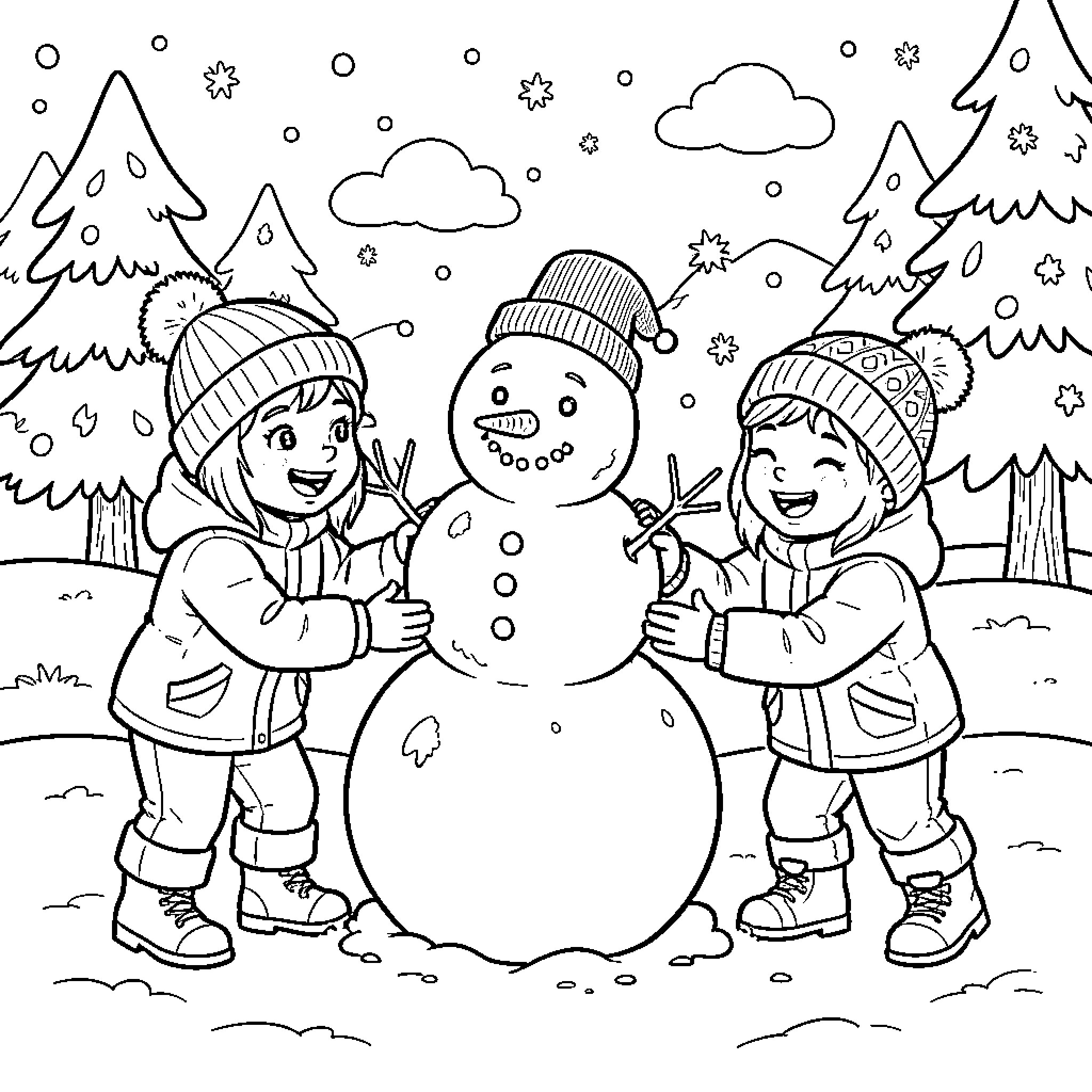 Kid building a snowman in a snowy forest Coloring Page (free black-and-white line drawing printable PDF for all, from beginners to advanced learners, including children, teens, adults, and seniors)