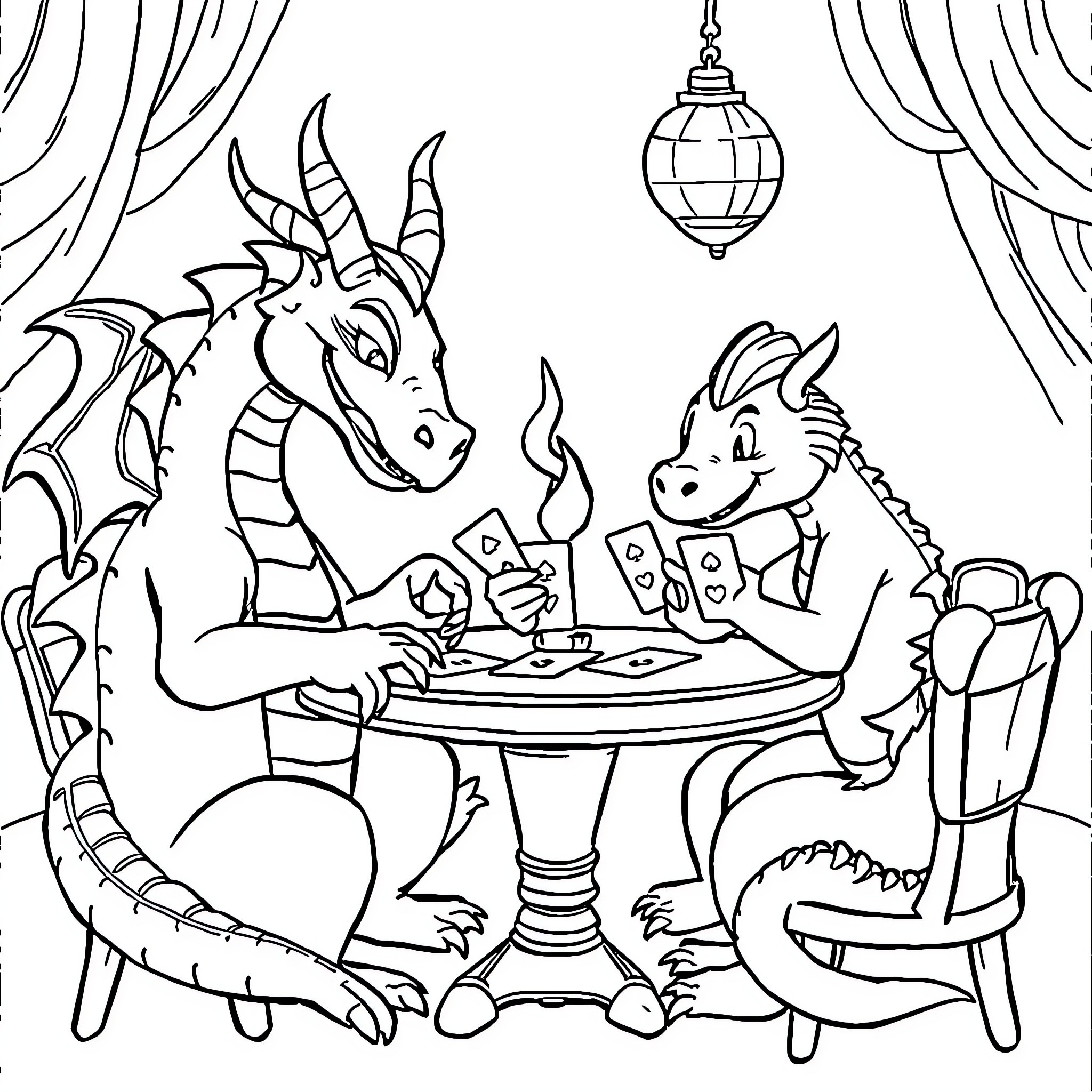 Dragons playing a board game in a cozy setting Coloring Page (free black-and-white line drawing printable PDF for all, from beginners to advanced learners, including children, teens, adults, and seniors)