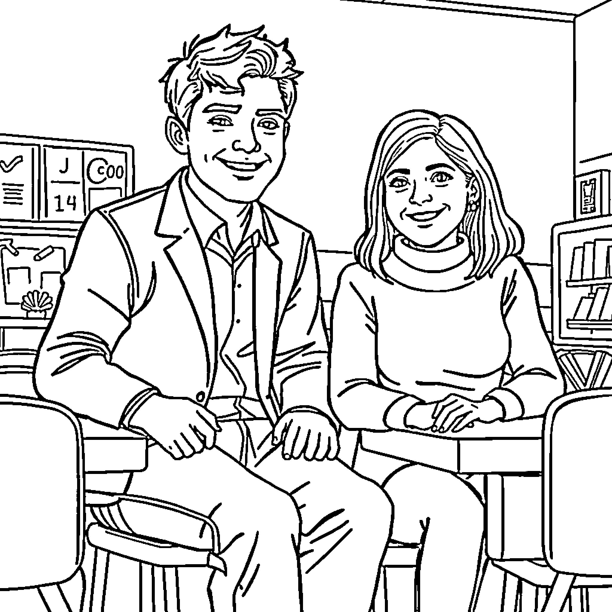 Boy and girl in a classroom setting Coloring Page (free black-and-white line drawing printable PDF for all, from beginners to advanced learners, including children, teens, adults, and seniors)