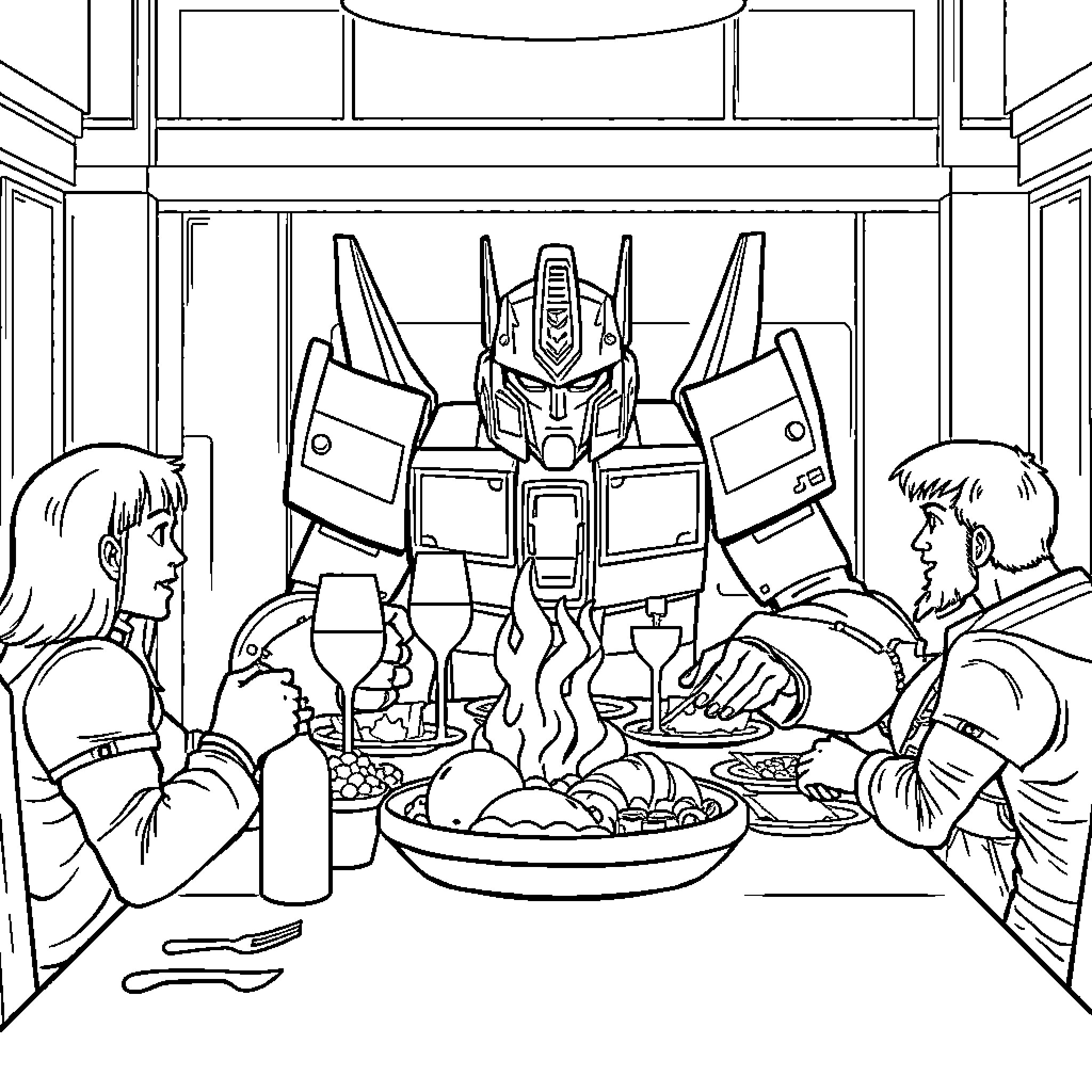 Optimus Prime observing a family meal together Coloring Page (free black-and-white line drawing printable PDF for all, from beginners to advanced learners, including children, teens, adults, and seniors)