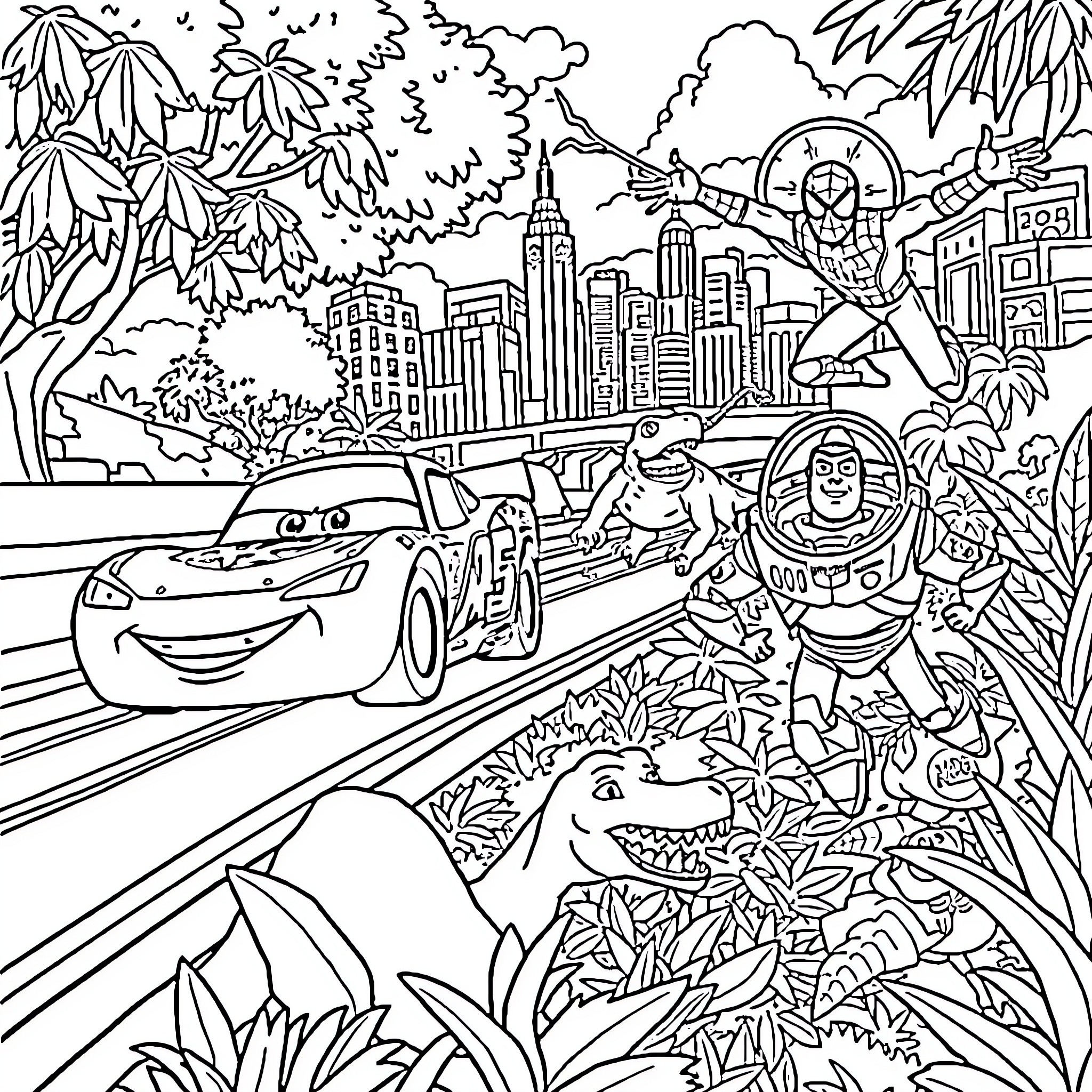 Character exploring vibrant city and nature scenery Coloring Page (free black-and-white line drawing printable PDF for all, from beginners to advanced learners, including children, teens, adults, and seniors)