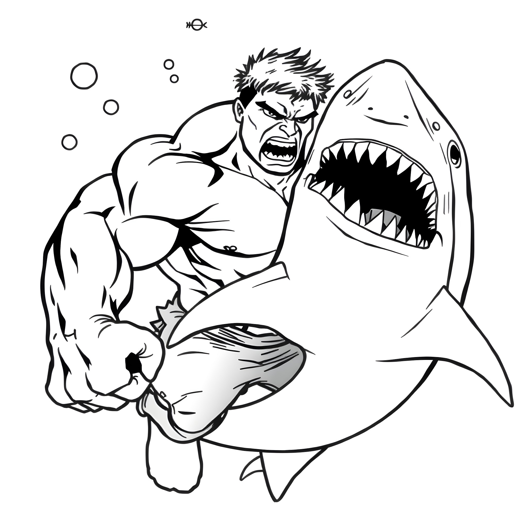 Hulk battling a ferocious shark Coloring Page (free black-and-white line drawing printable PDF for all, from beginners to advanced learners, including children, teens, adults, and seniors)