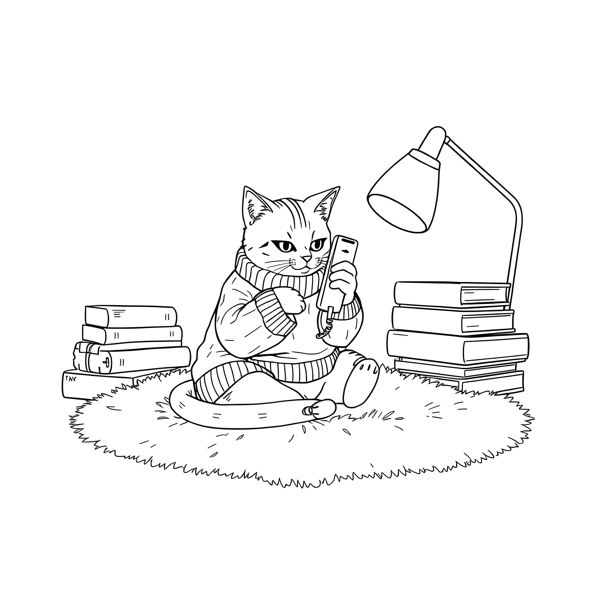 Cat studying intently by lamp on rug with books Coloring Page (free black-and-white line drawing printable PDF for all, from beginners to advanced learners, including children, teens, adults, and seniors)