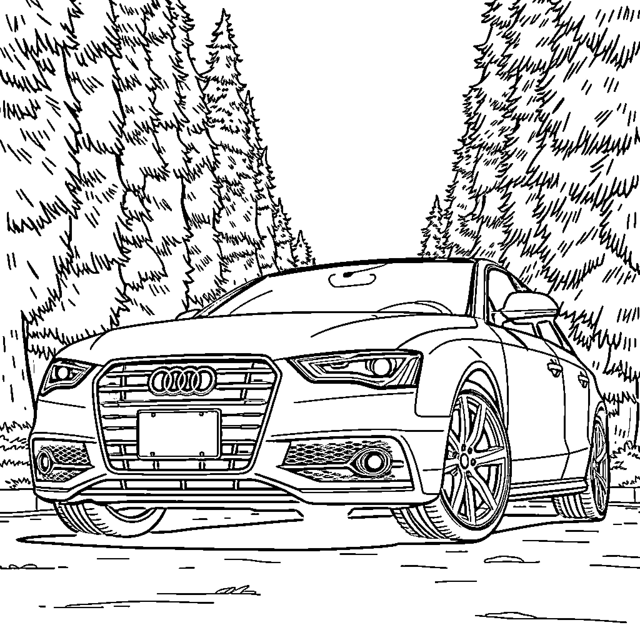 Audi Sports Car in Forested Landscape Coloring Page (free black-and-white line drawing printable PDF for all, from beginners to advanced learners, including children, teens, adults, and seniors)