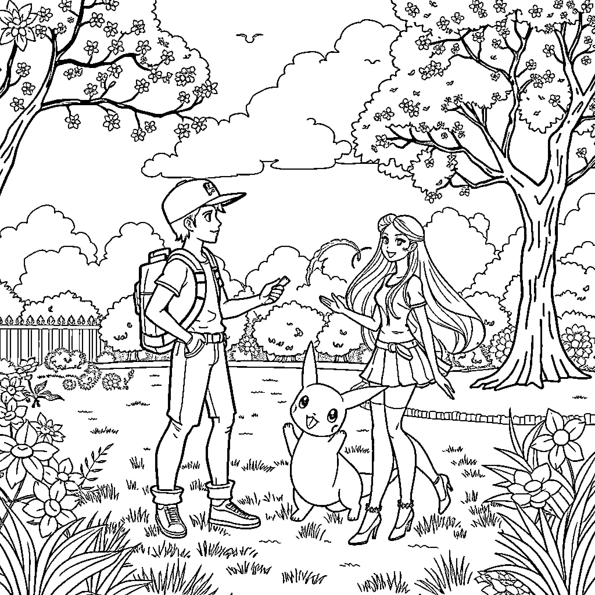 Barbie's Enchanting Outdoor Adventure Coloring Page (free black-and-white line drawing printable PDF for all, from beginners to advanced learners, including children, teens, adults, and seniors)