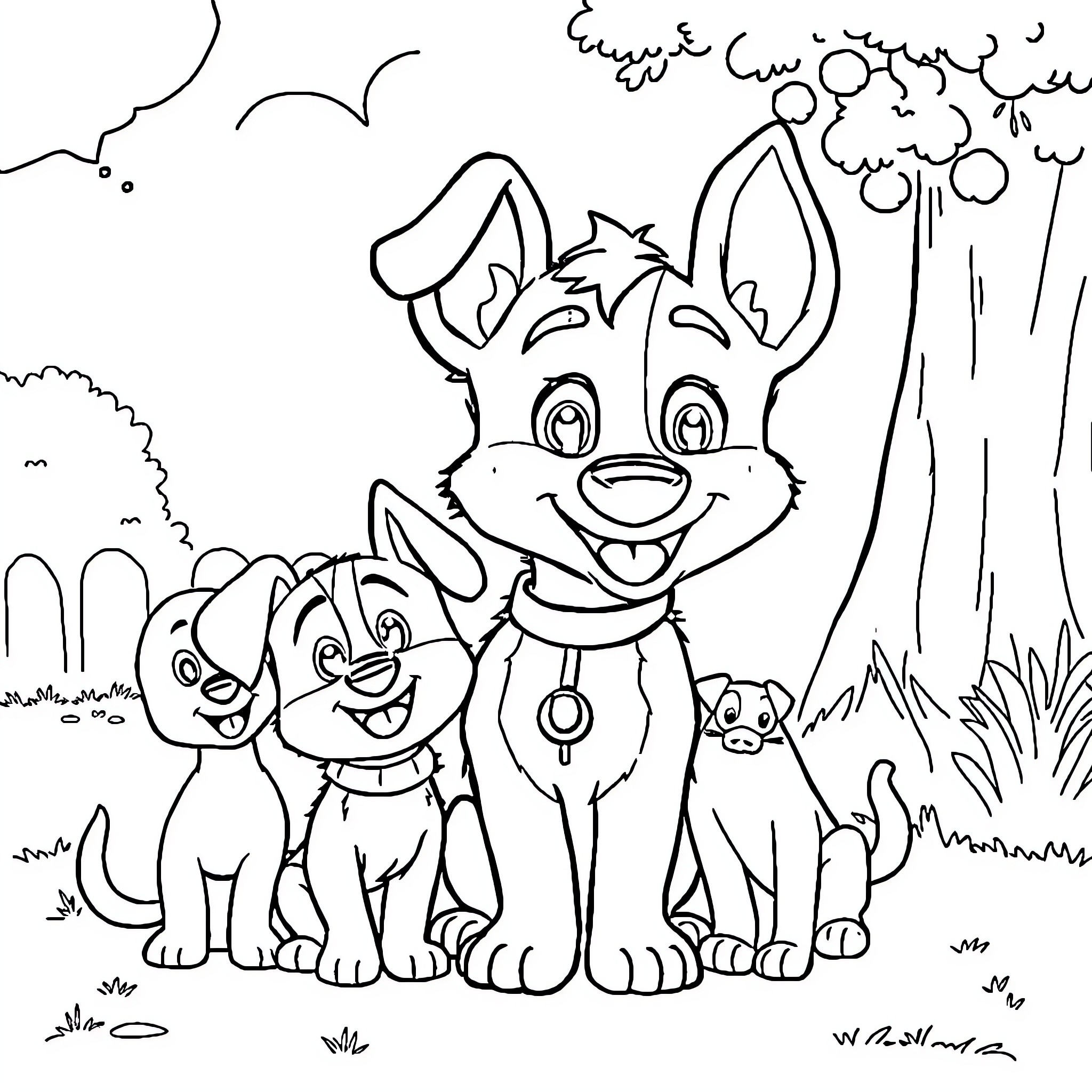 Bluey and friends explore the outdoors Coloring Page (free black-and-white line drawing printable PDF for all, from beginners to advanced learners, including children, teens, adults, and seniors)