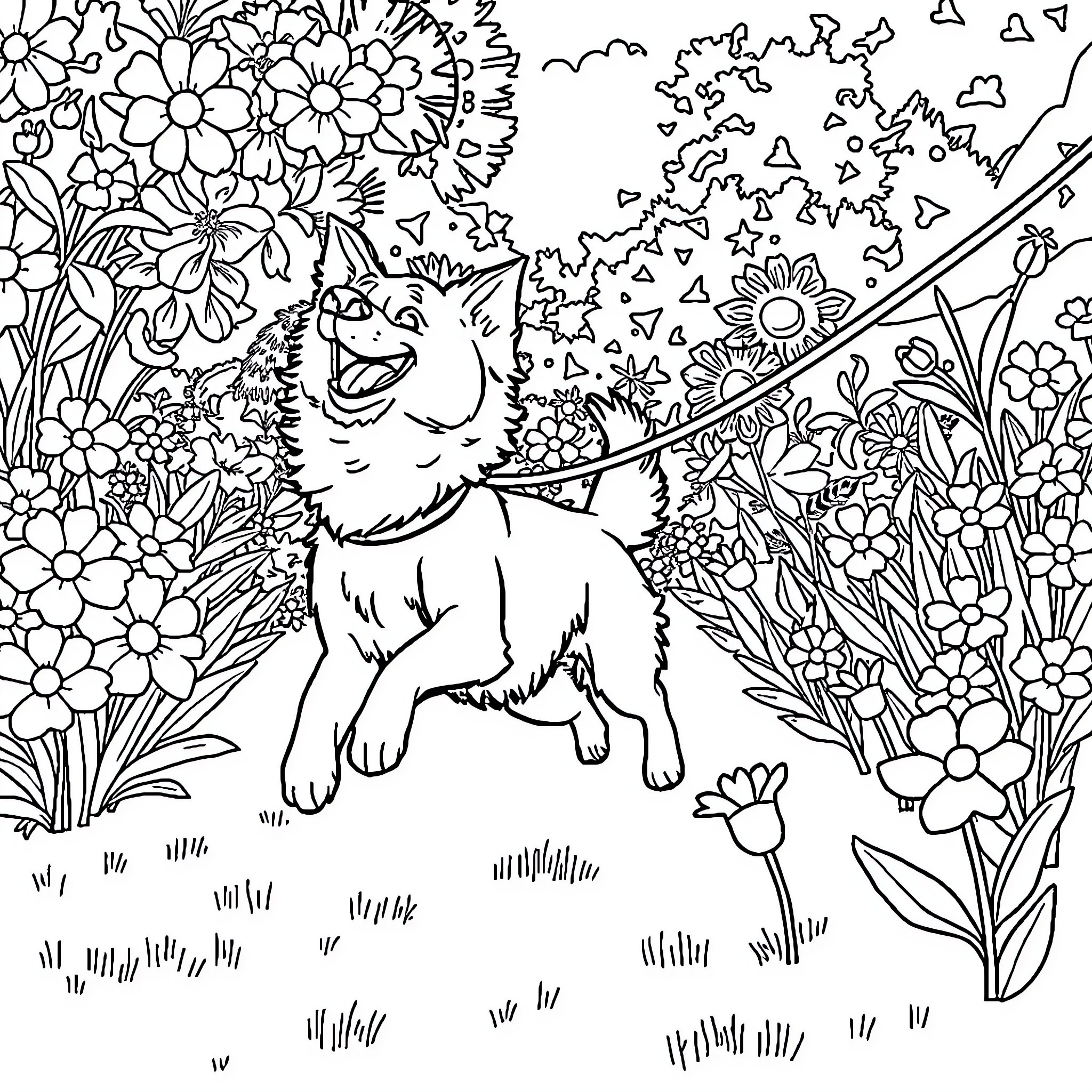 Dog Playing Joyfully in Vibrant Floral Garden Coloring Page (free black-and-white line drawing printable PDF for all, from beginners to advanced learners, including children, teens, adults, and seniors)