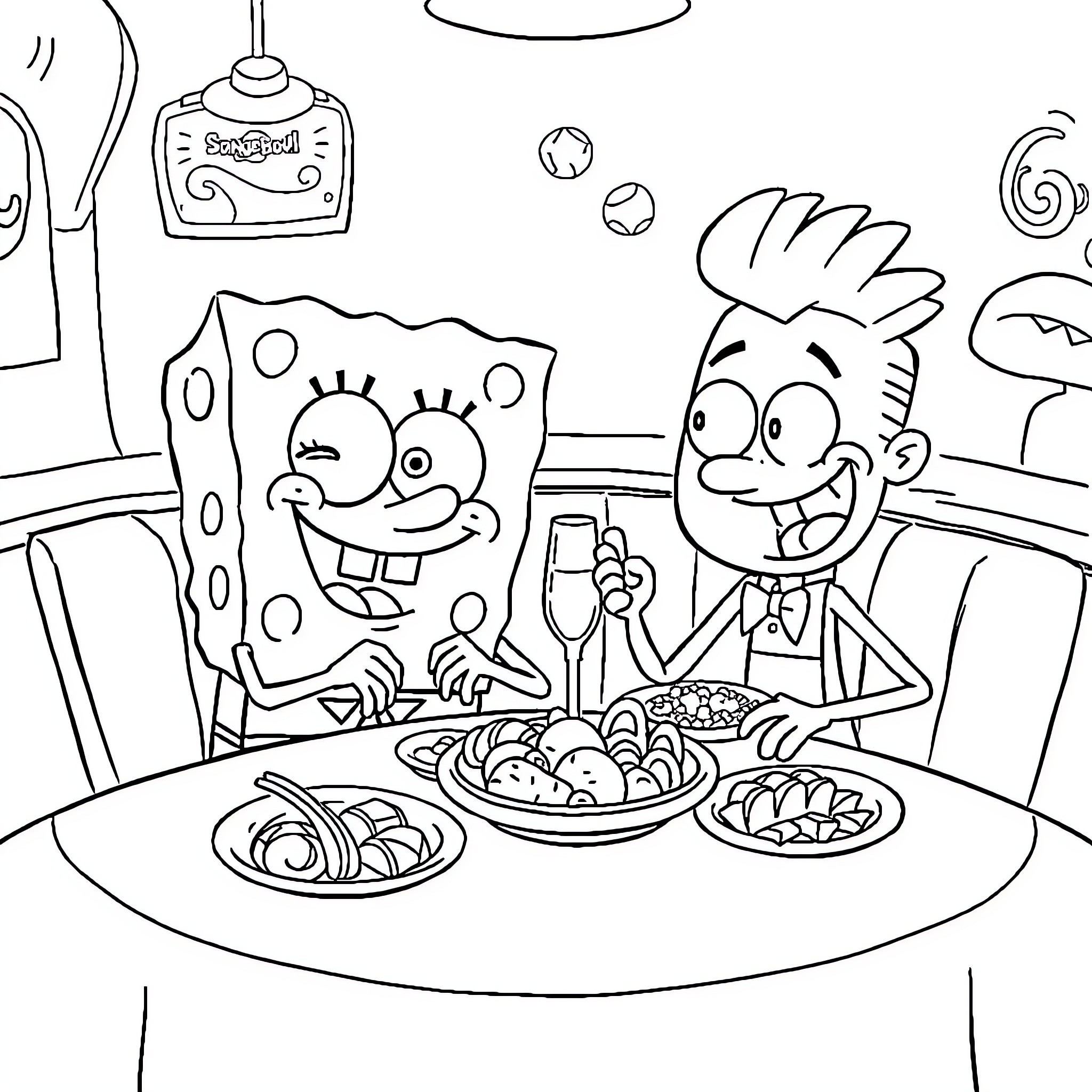 Spongebob and Patrick enjoying a meal together Coloring Page (free black-and-white line drawing printable PDF for all, from beginners to advanced learners, including children, teens, adults, and seniors)