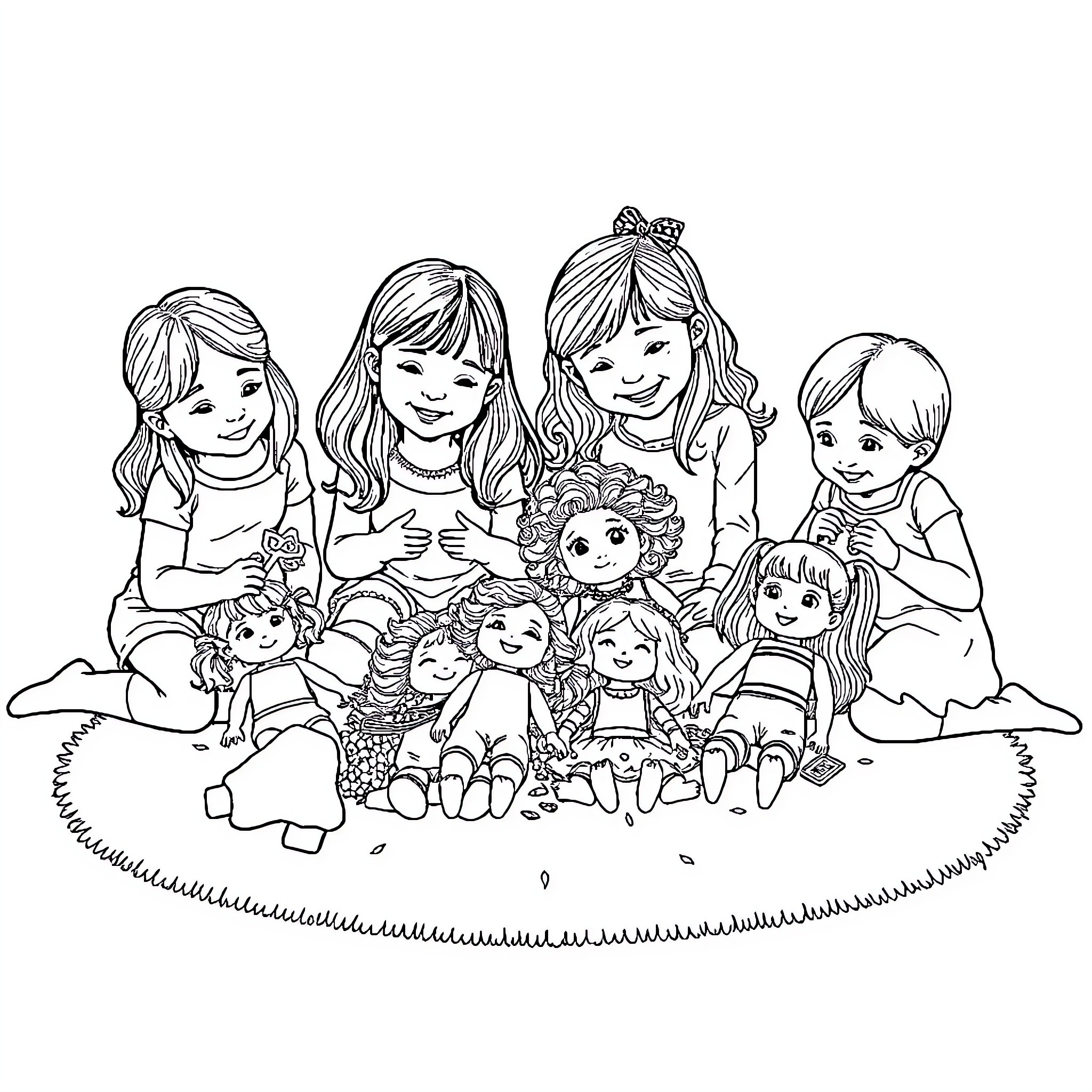 Girls playing with dolls in the park Coloring Page (free black-and-white line drawing printable PDF for all, from beginners to advanced learners, including children, teens, adults, and seniors)